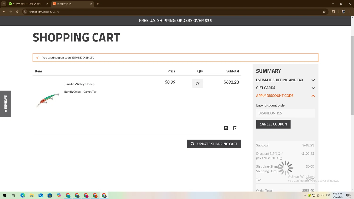 Lurenet Fishing Headquarters promo code screenshot showing code BRANDONH15 applied at Lurenet Fishing Headquarters checkout page. Uploaded by SimplyCodes community member zadquiel on Feb 24, 2025