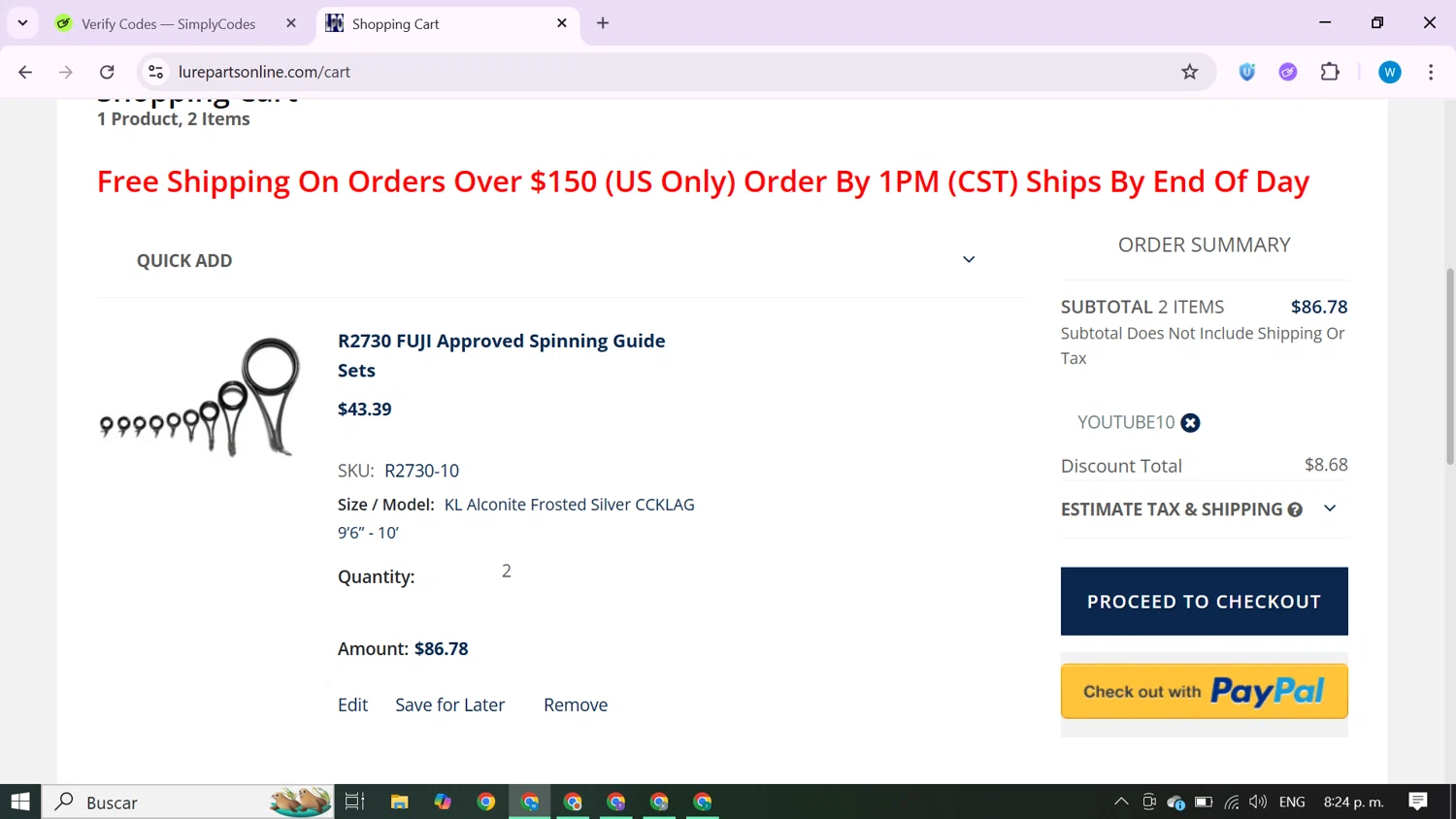 Lure Parts Online promo code screenshot showing code YOUTUBE10 applied at Lure Parts Online checkout page. Uploaded by SimplyCodes community member CrownShopper7142 on Jun 9, 2025