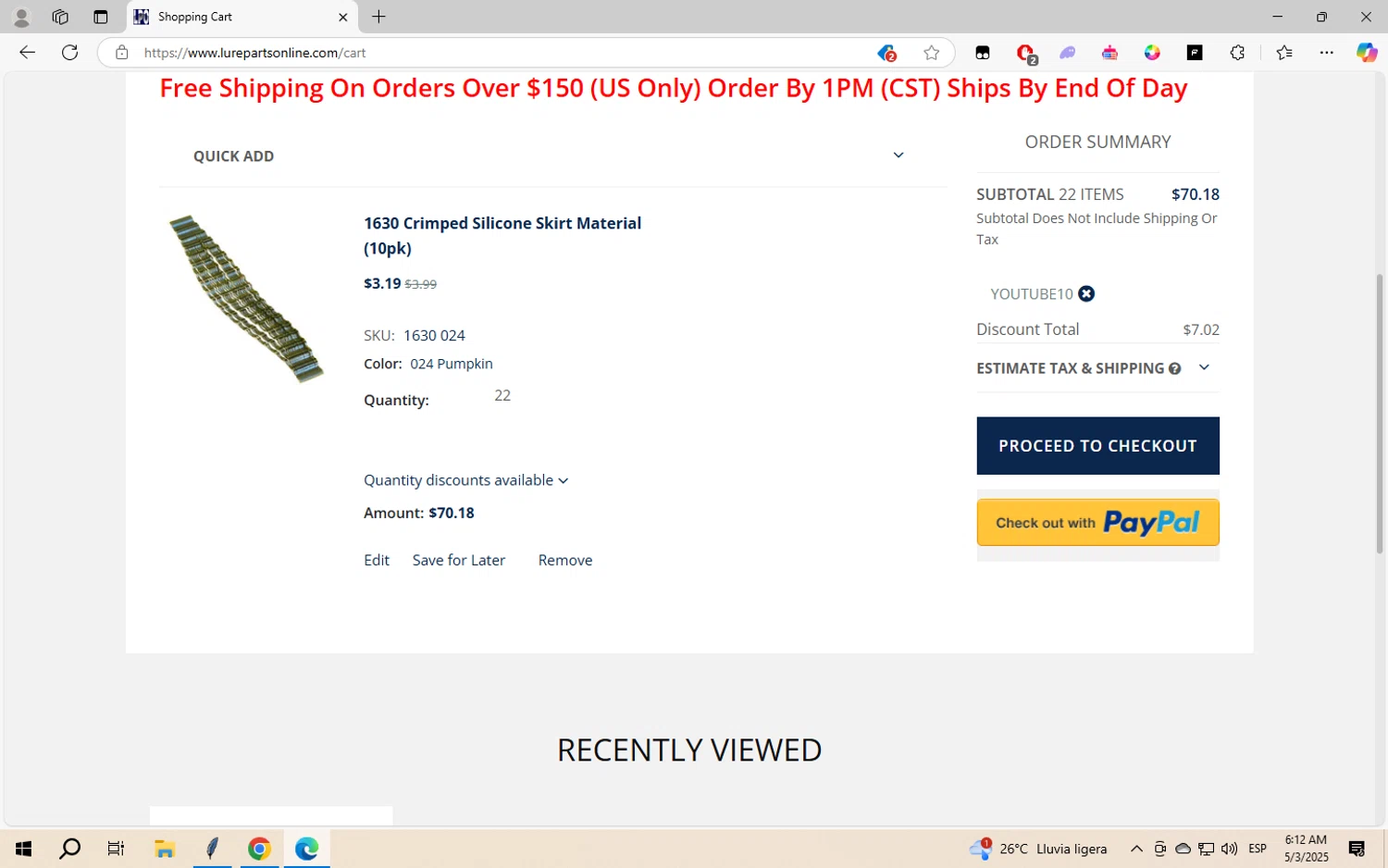 Lure Parts Online promo code screenshot showing code YOUTUBE10 applied at Lure Parts Online checkout page. Uploaded by SimplyCodes community member GloriousWizard5474 on May 3, 2025