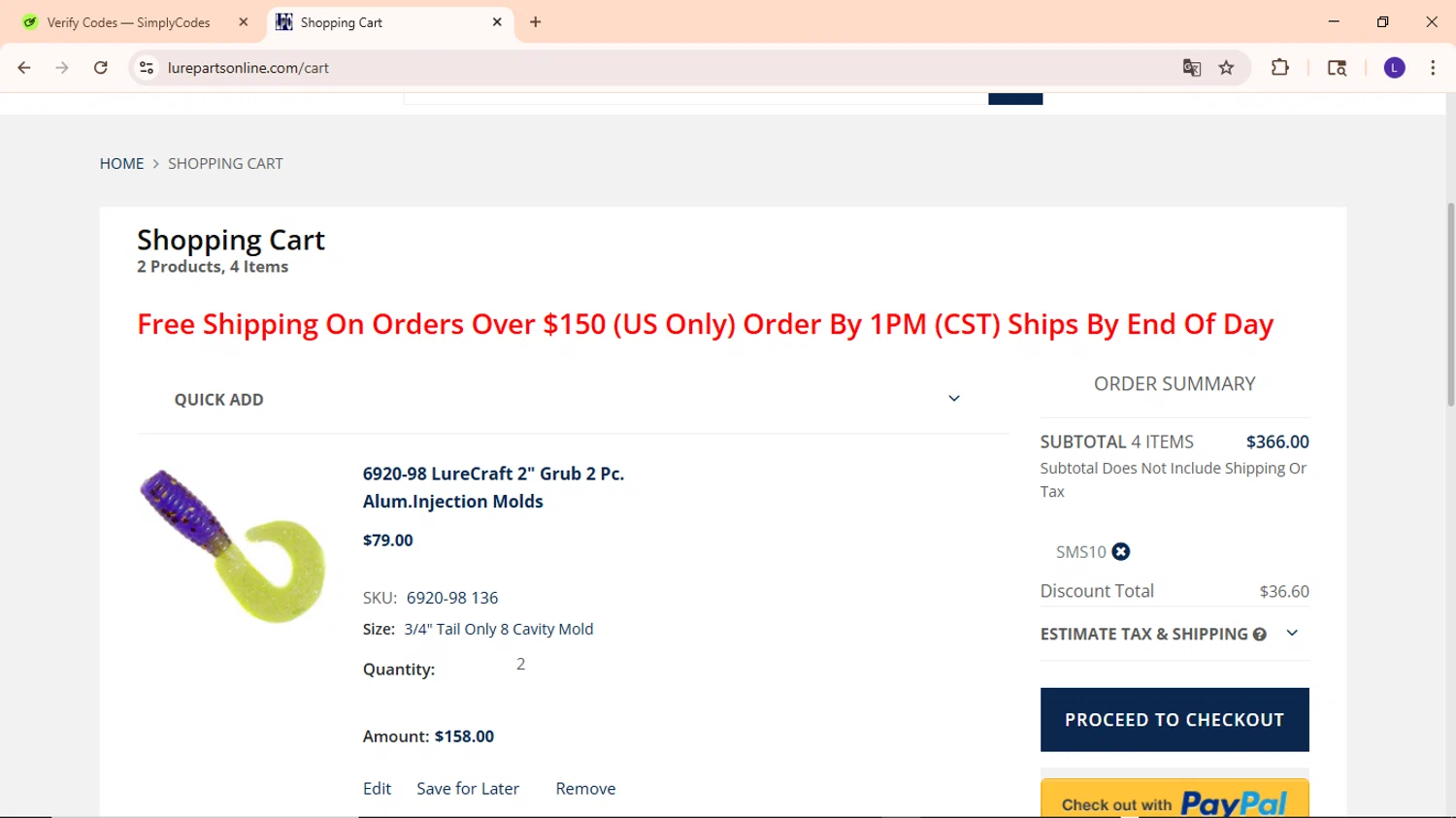 Lure Parts Online promo code screenshot showing code SMS10 applied at Lure Parts Online checkout page. Uploaded by SimplyCodes community member EpicWarden3081 on May 24, 2025