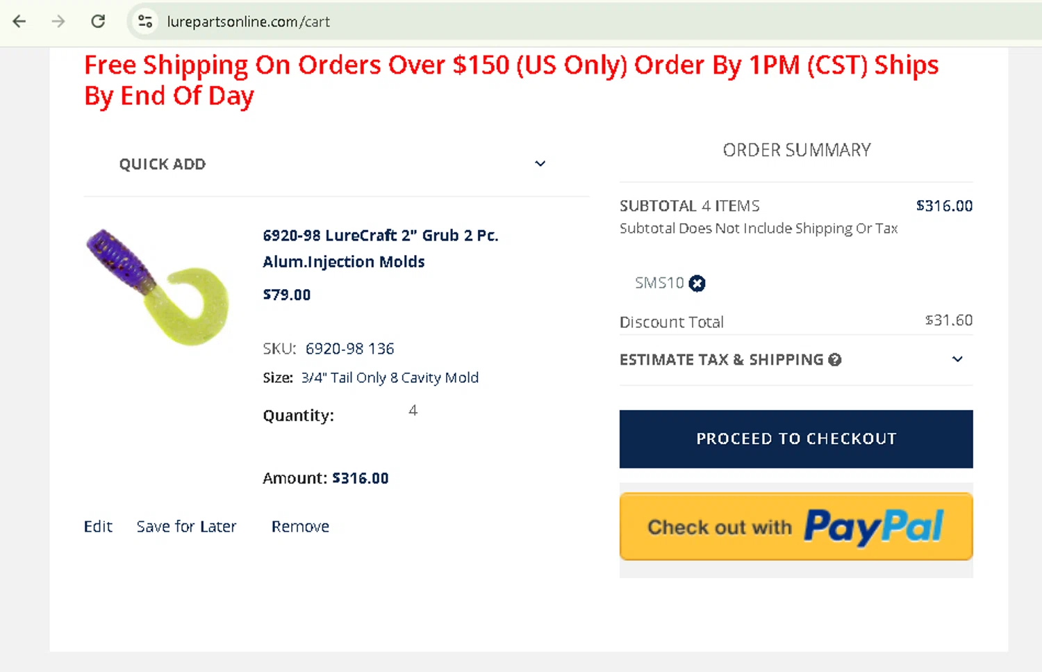 Lure Parts Online promo code screenshot showing code SMS10 applied at Lure Parts Online checkout page. Uploaded by SimplyCodes community member TreasureMaverick5280 on Jul 21, 2025