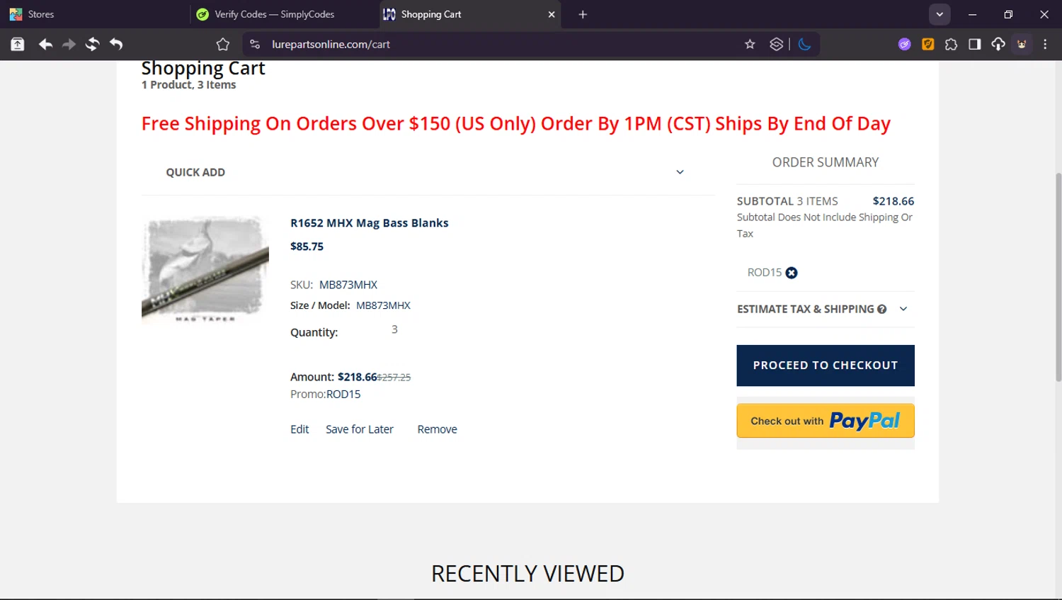 Lure Parts Online checkout page showing Lure Parts Online promo code box | Screenshot taken by SimplyCodes community member on Dec 10, 2025