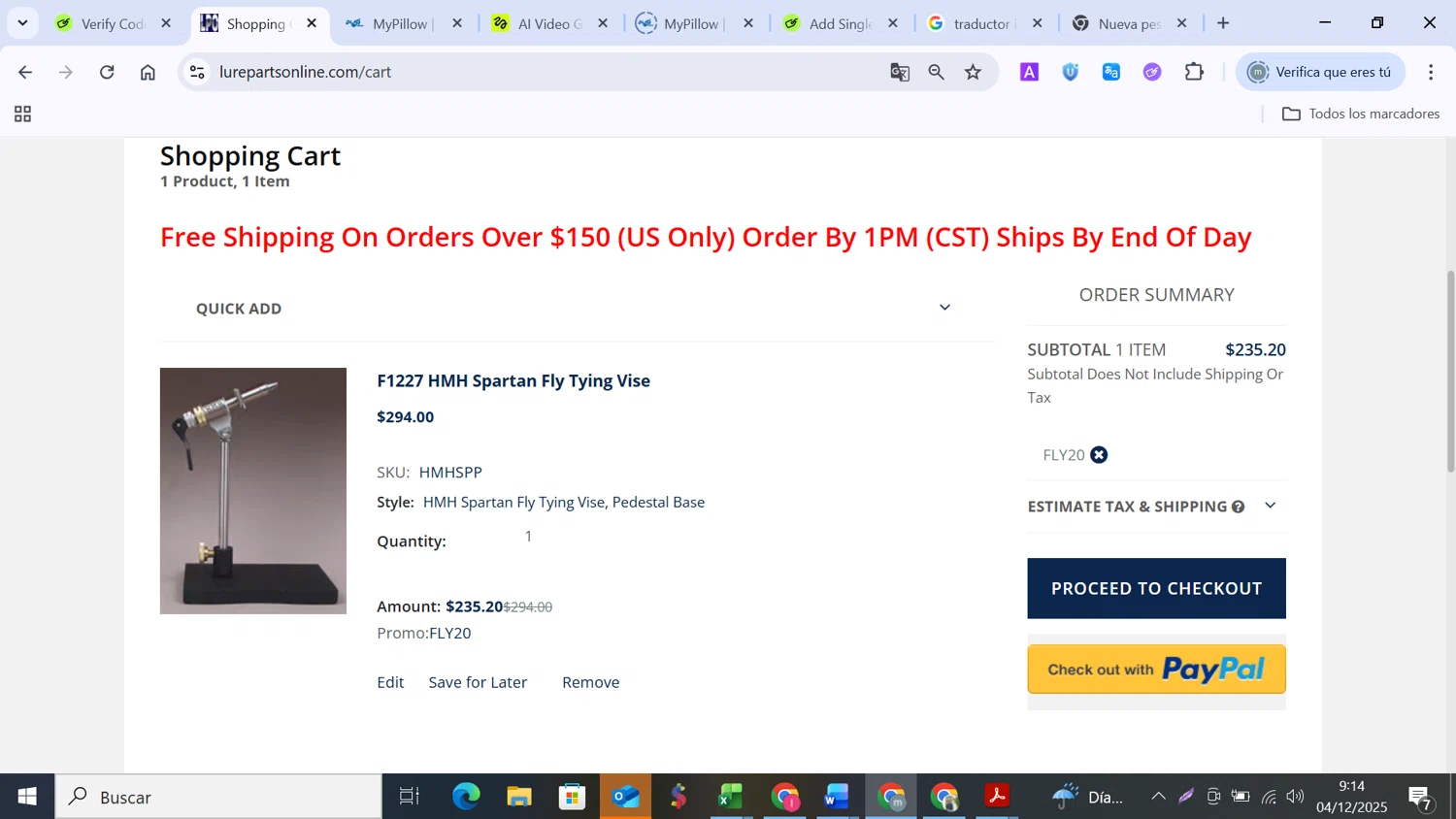Lure Parts Online promo code screenshot showing code FLY20 applied at Lure Parts Online checkout page. Uploaded by SimplyCodes community member MANUELURBINA on Dec 4, 2025