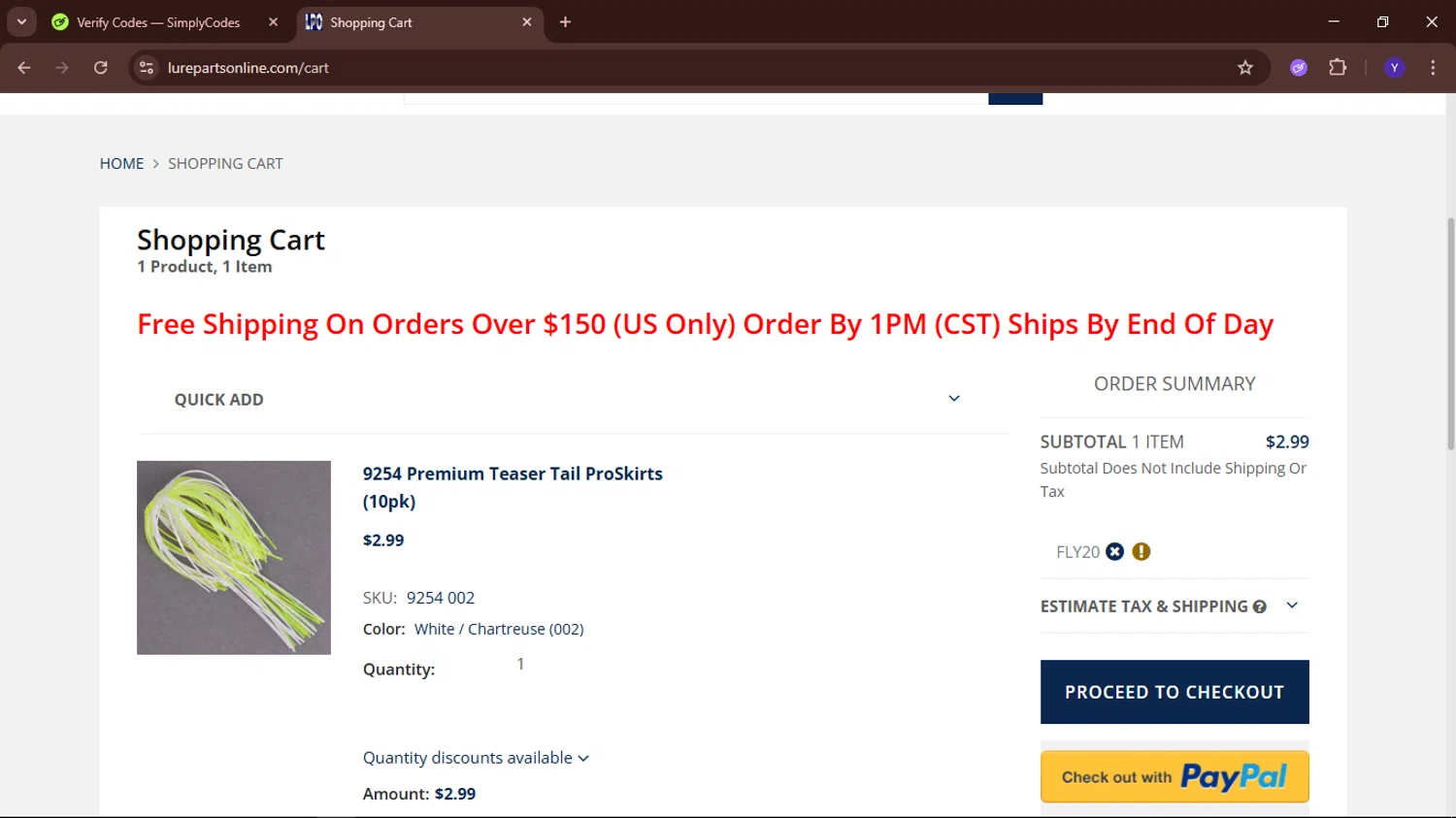 Lure Parts Online promo code screenshot showing code FLY20 applied at Lure Parts Online checkout page. Uploaded by SimplyCodes community member TokenElite6436 on Jun 19, 2025