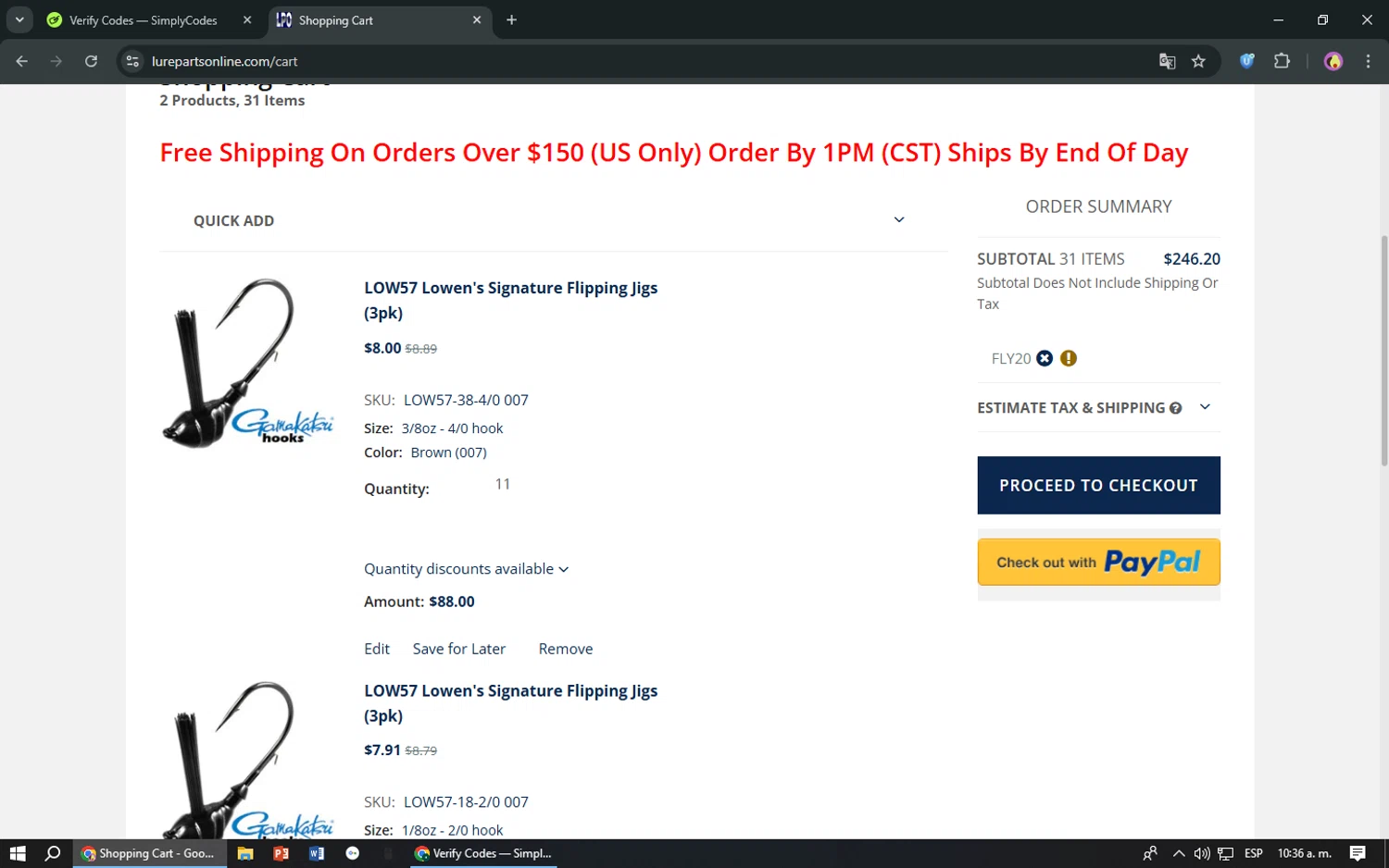 Lure Parts Online promo code screenshot showing code FLY20 applied at Lure Parts Online checkout page. Uploaded by SimplyCodes community member TreasureShopper9156 on Jul 18, 2025