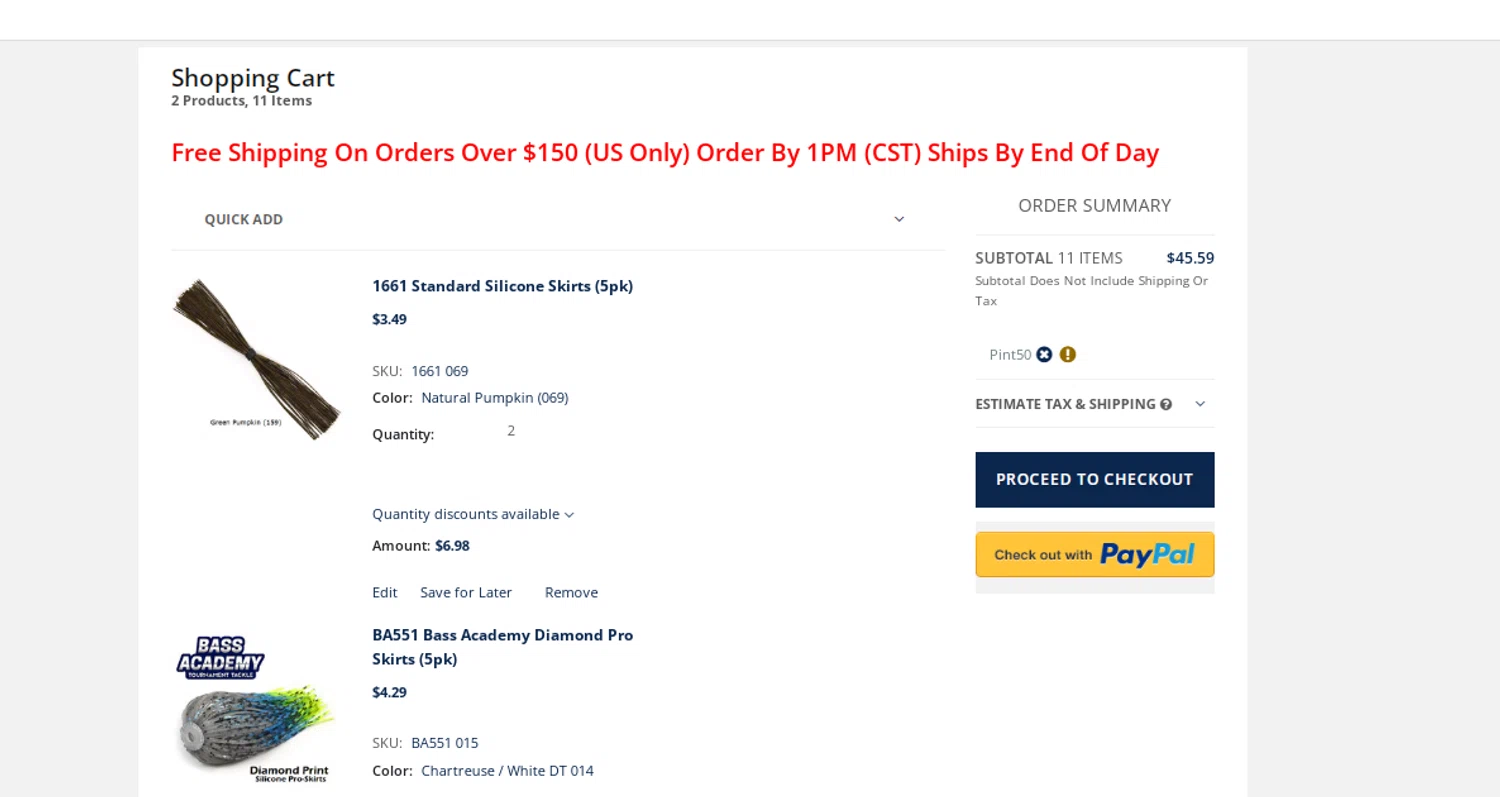 Lure Parts Online promo code screenshot showing code Pint50 applied at Lure Parts Online checkout page. Uploaded by SimplyCodes community member obito1234 on Dec 13, 2025