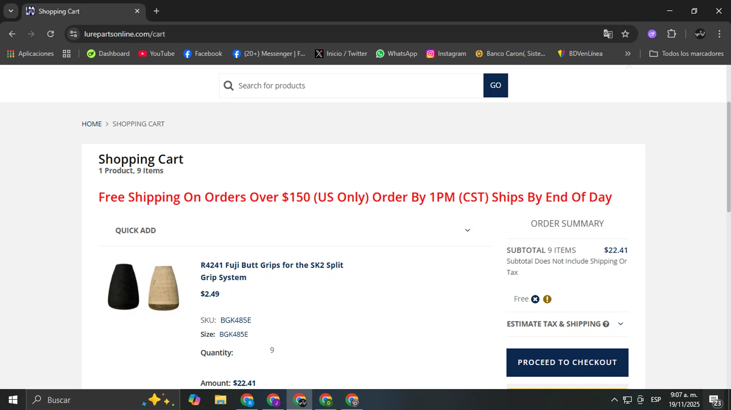 Lure Parts Online checkout page showing Lure Parts Online promo code box | Screenshot taken by SimplyCodes community member on Nov 19, 2025