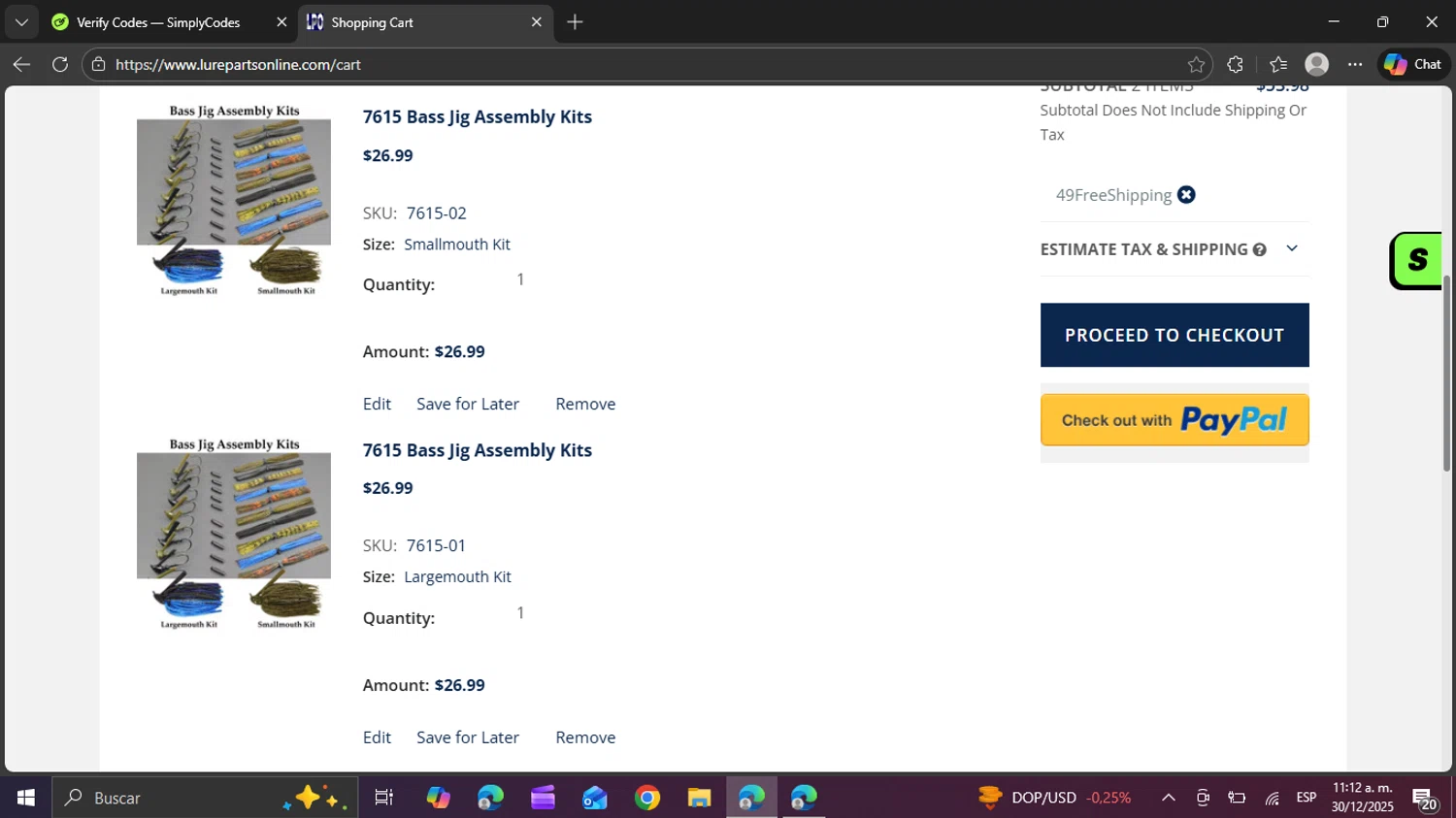 Lure Parts Online checkout page showing Lure Parts Online promo code box | Screenshot taken by SimplyCodes community member on Dec 30, 2025