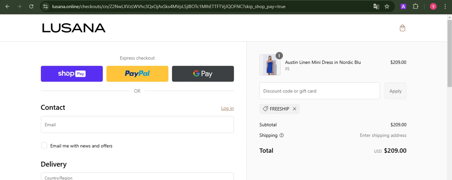 LUSANA promo code screenshot showing code FREESHIP applied at LUSANA checkout page. Uploaded by SimplyCodes community member MoneyFalcon481 on Feb 4, 2025