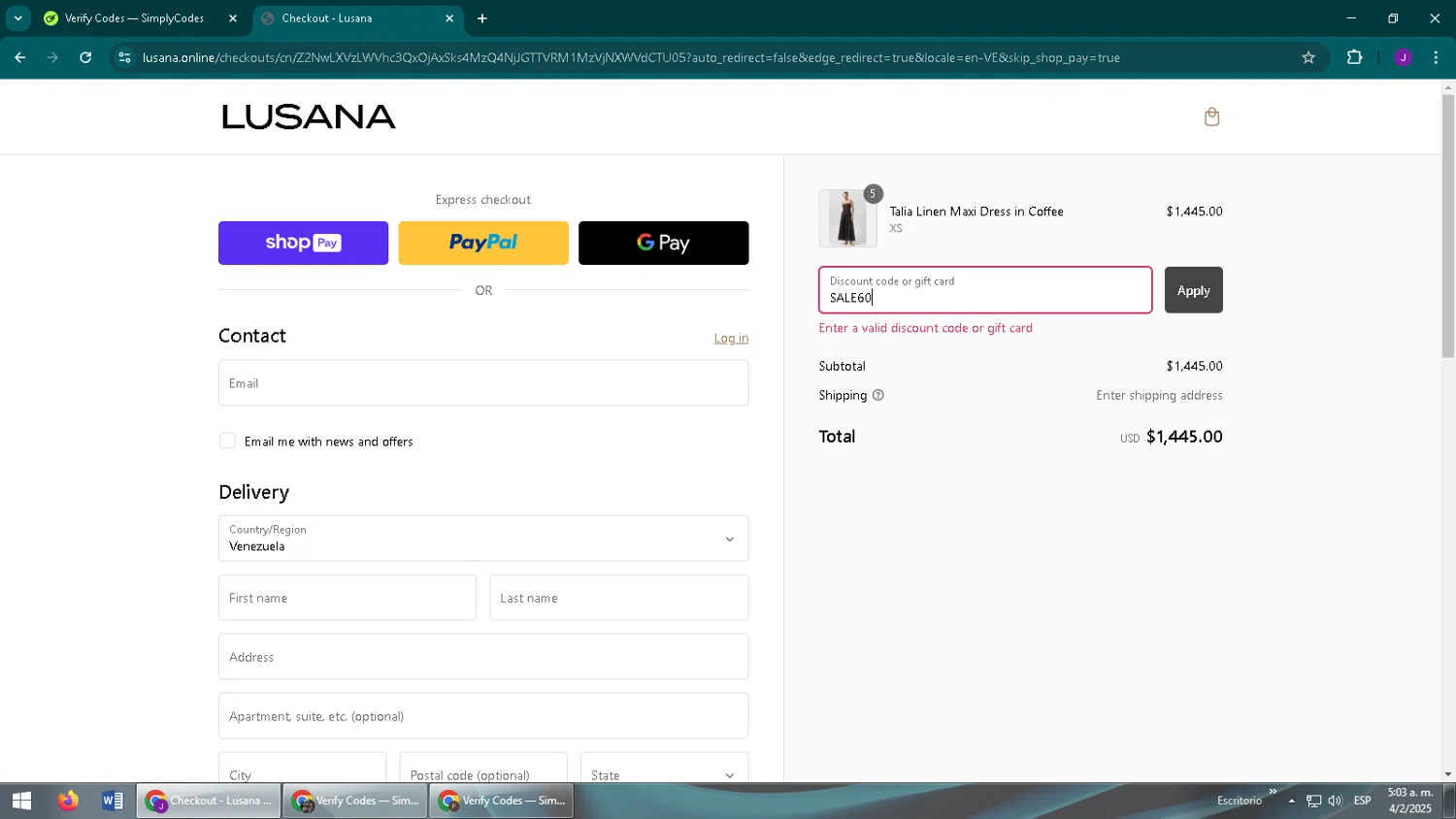LUSANA promo code screenshot showing code SALE60 applied at LUSANA checkout page. Uploaded by SimplyCodes community member ComeBurra123 on Feb 4, 2025