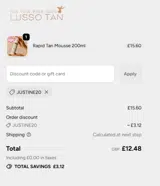 JUSTINE20 coupon verification screenshot