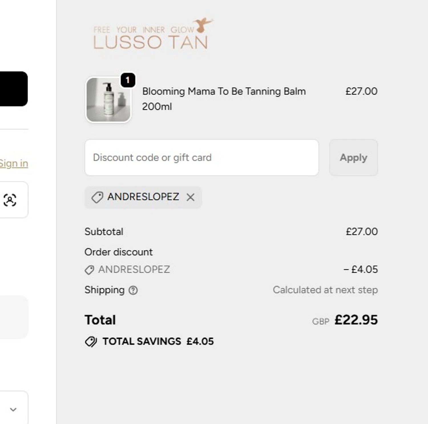 Lusso Tan promo code screenshot showing code ANDRESLOPEZ applied at Lusso Tan checkout page. Uploaded by SimplyCodes community member mandrakke on Jun 8, 2026