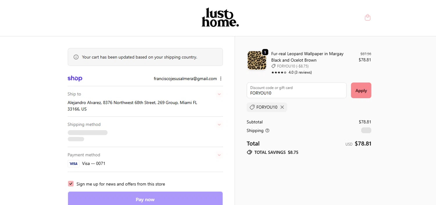 Lust Home checkout page showing Lust Home discount code box | Screenshot taken by SimplyCodes community member on Oct 28, 2025