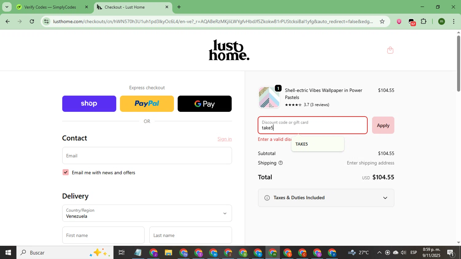 Lust Home discount code screenshot showing code take5 applied at Lust Home checkout page. Uploaded by SimplyCodes community member CoinSage7057 on Nov 10, 2025