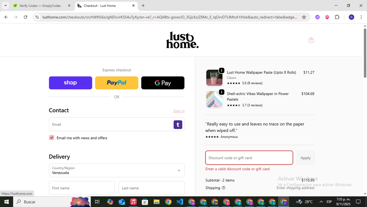 Lust Home discount code screenshot showing code take5 applied at Lust Home checkout page. Uploaded by SimplyCodes community member PrimeNavigator3251 on Nov 9, 2025