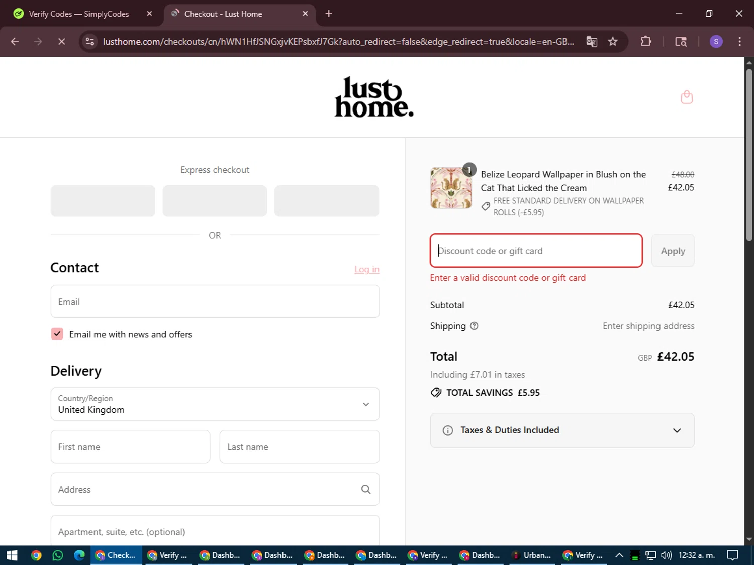 Lust Home discount code screenshot showing code NEW10 applied at Lust Home checkout page. Uploaded by SimplyCodes community member LuckyVoyager688 on Aug 1, 2025