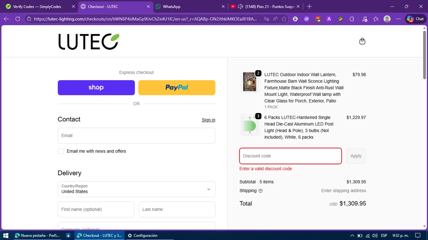Lutec Lighting promo code screenshot showing code SALE20 applied at Lutec Lighting checkout page. Uploaded by SimplyCodes community member BargainFox507 on Dec 14, 2025