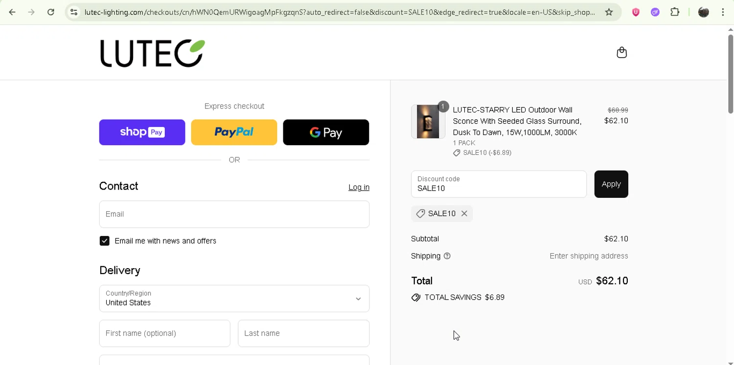 Lutec Lighting promo code screenshot showing code SALE10 applied at Lutec Lighting checkout page. Uploaded by SimplyCodes community member Jesusvasquezzz on Jul 9, 2025