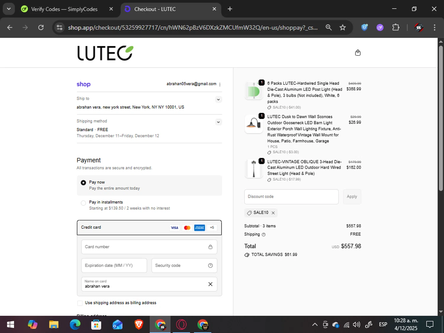 Lutec Lighting promo code screenshot showing code SALE10 applied at Lutec Lighting checkout page. Uploaded by SimplyCodes community member TreasureAdmiral6867 on Dec 4, 2025