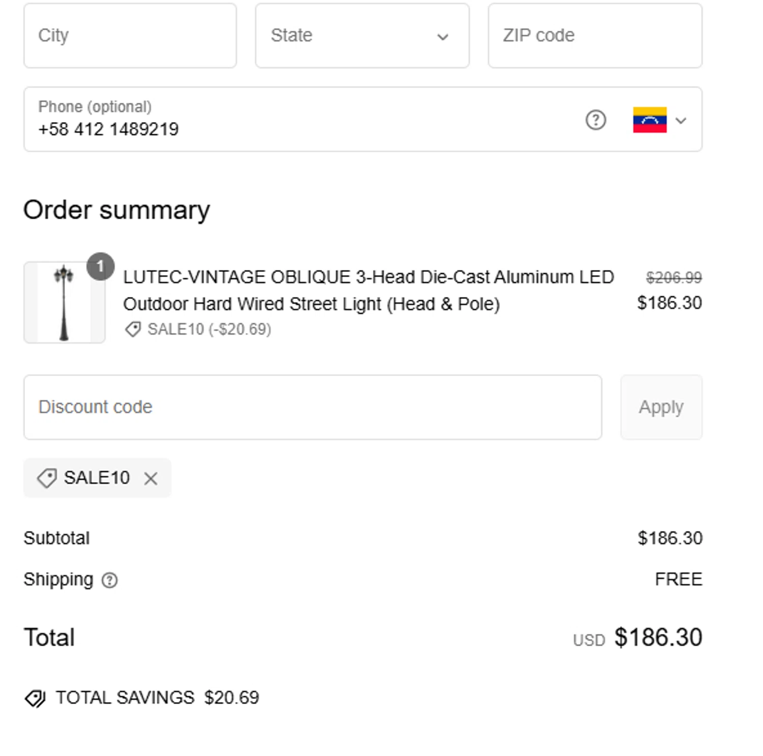 Lutec Lighting promo code screenshot showing code SALE10 applied at Lutec Lighting checkout page. Uploaded by SimplyCodes community member Woskal on Feb 9, 2025