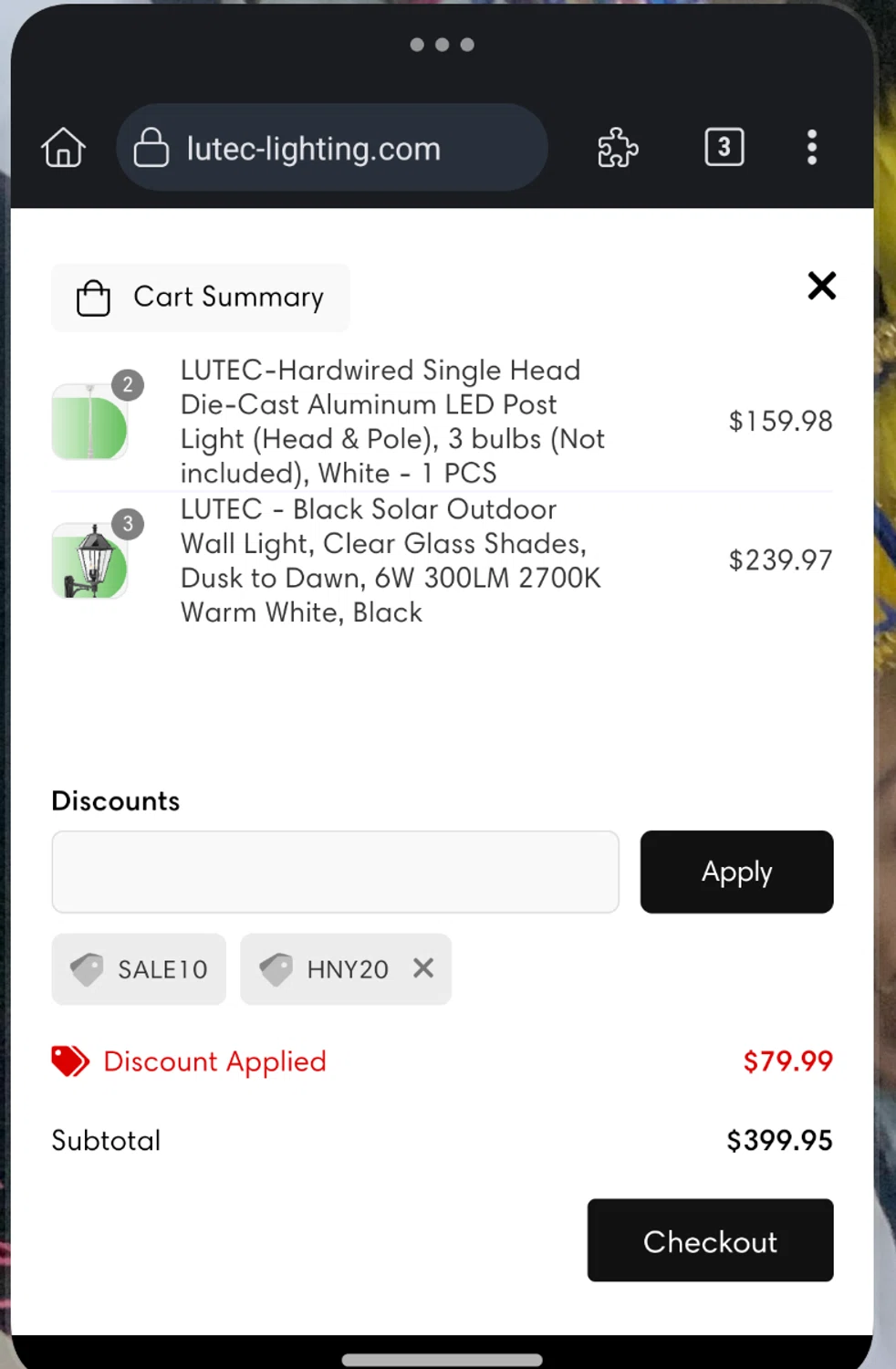 Lutec Lighting promo code screenshot showing code hny20 applied at Lutec Lighting checkout page. Uploaded by SimplyCodes community member ExtraordinaryMaestro4194 on Aug 8, 2025