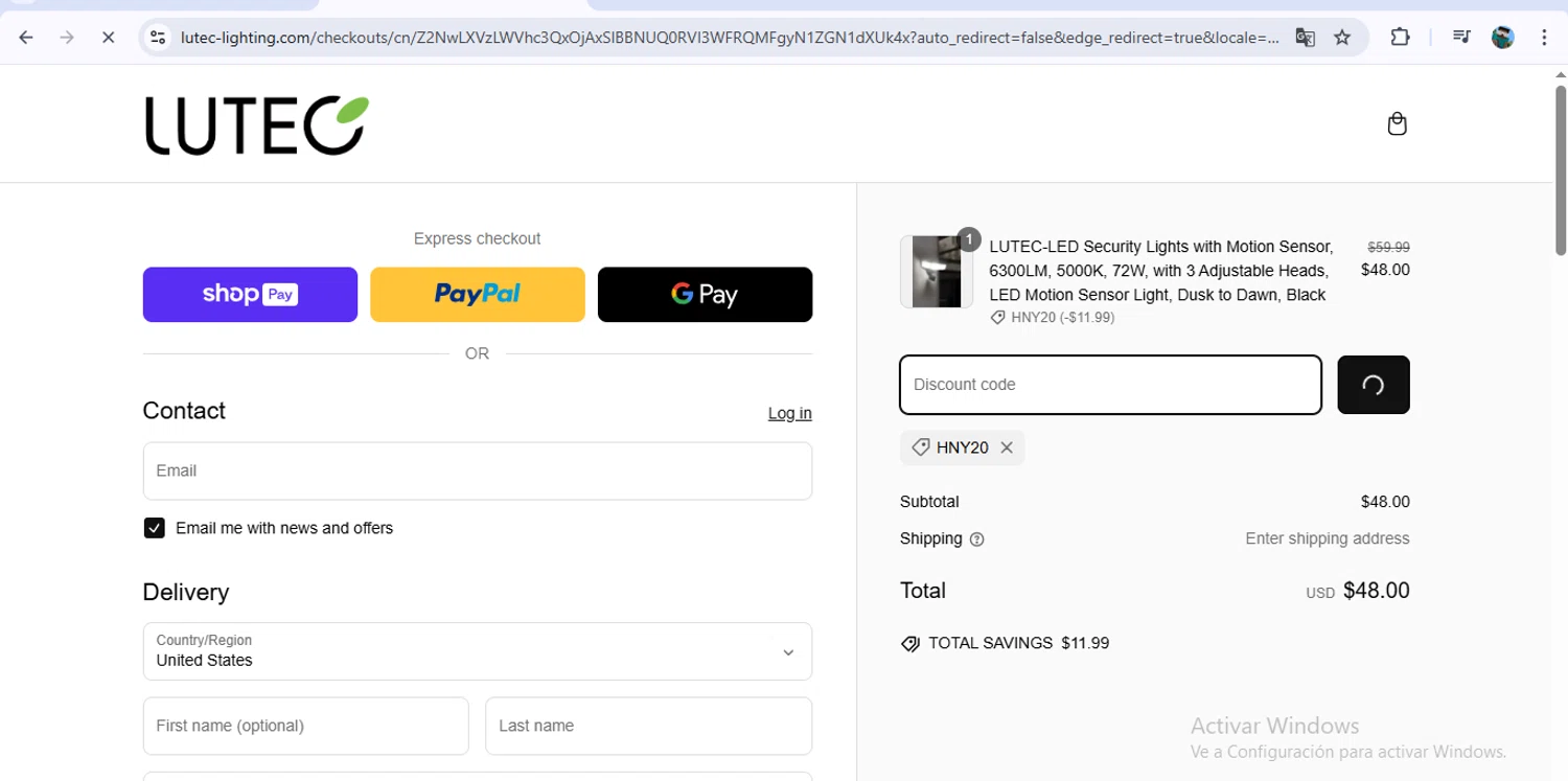 Lutec Lighting promo code screenshot showing code hny20 applied at Lutec Lighting checkout page. Uploaded by SimplyCodes community member RoyalHunter7203 on Mar 14, 2025