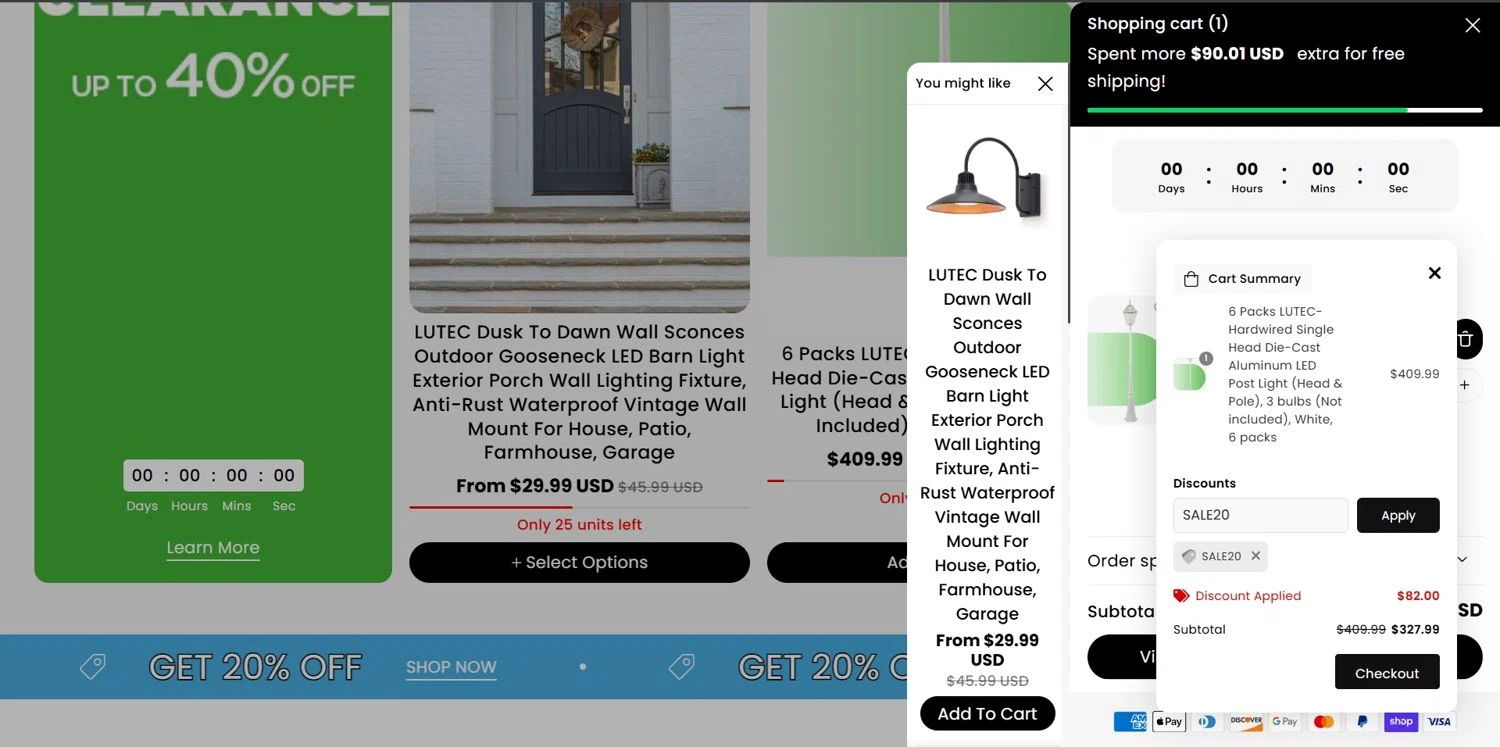 Lutec Lighting promo code screenshot showing code SALE20 applied at Lutec Lighting checkout page. Uploaded by SimplyCodes community member Depressive on Dec 14, 2025
