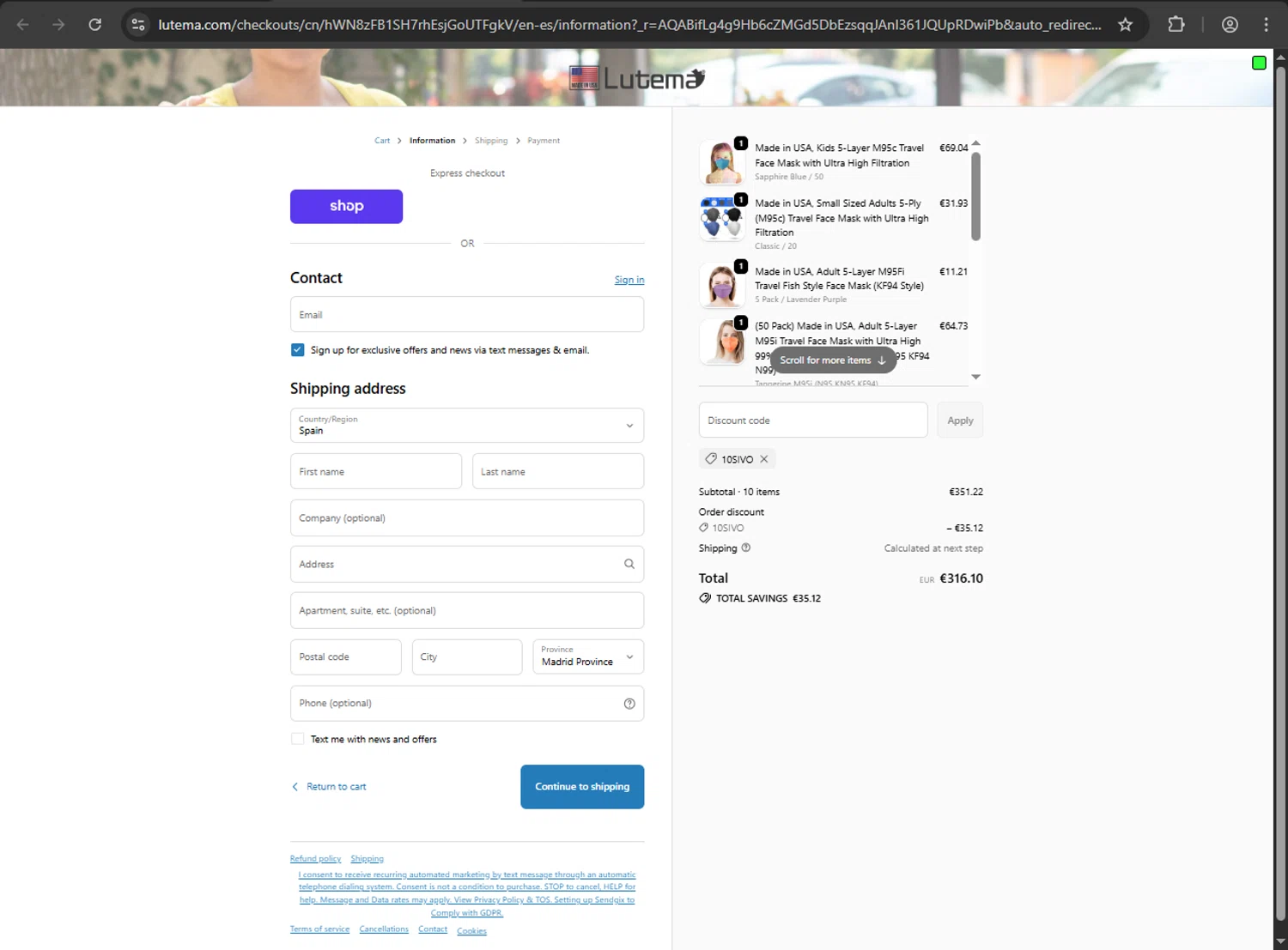 Lutema promo code screenshot showing code 10SIVO applied at Lutema checkout page. Uploaded by SimplyCodes community member webiwabo on Feb 20, 2026