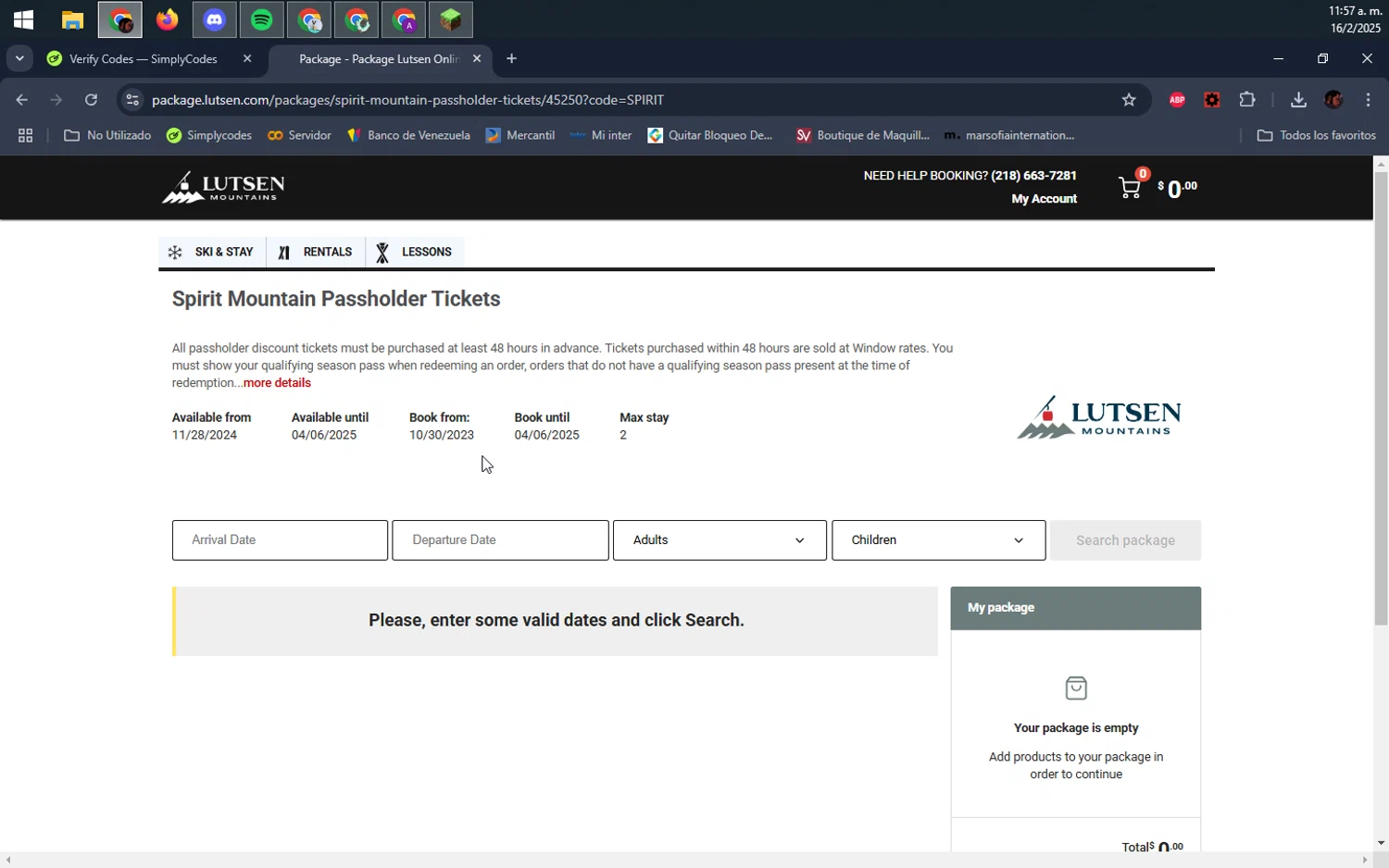 Lutsen Mountains promo code screenshot showing code SPIRIT applied at Lutsen Mountains checkout page. Uploaded by SimplyCodes community member DealEagle493 on Feb 16, 2025