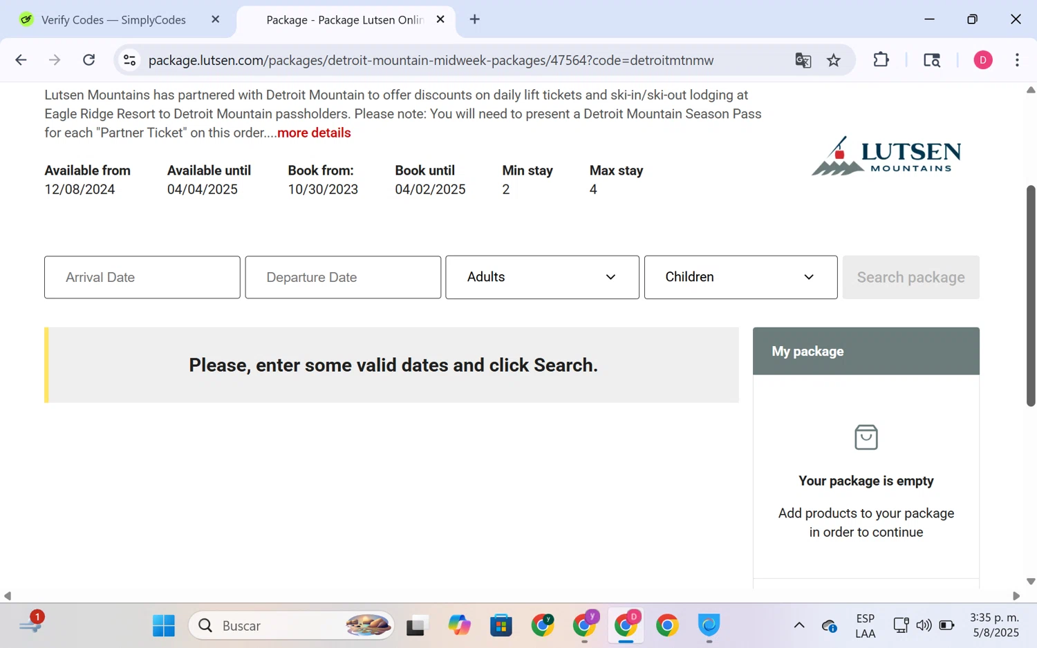 Lutsen Mountains promo code screenshot showing code detroitmtnmw applied at Lutsen Mountains checkout page. Uploaded by SimplyCodes community member LuckyHero4650 on Aug 5, 2025