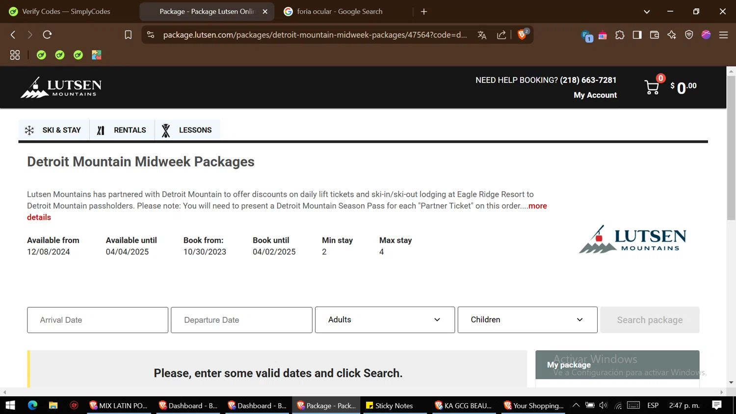 Lutsen Mountains promo code screenshot showing code detroitmtnmw applied at Lutsen Mountains checkout page. Uploaded by SimplyCodes community member BonusHero4456 on Mar 12, 2025
