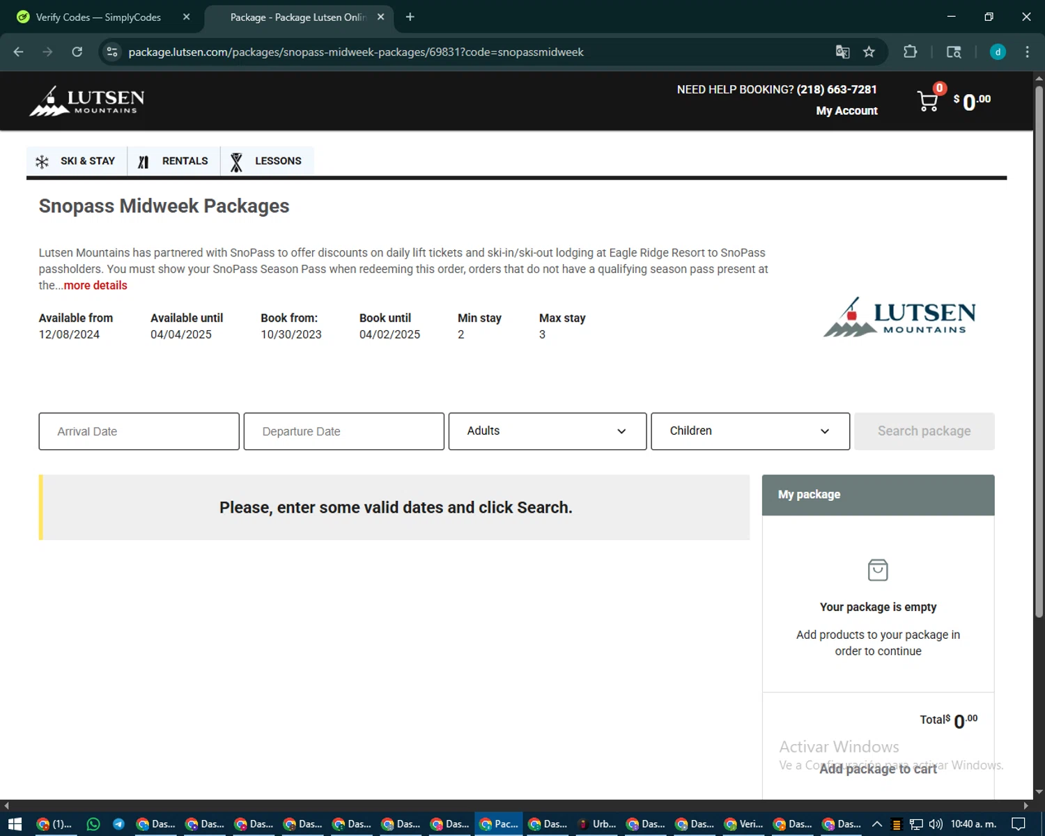 Lutsen Mountains promo code screenshot showing code snopassmidweek applied at Lutsen Mountains checkout page. Uploaded by SimplyCodes community member CodeMaverick5767 on Aug 22, 2025