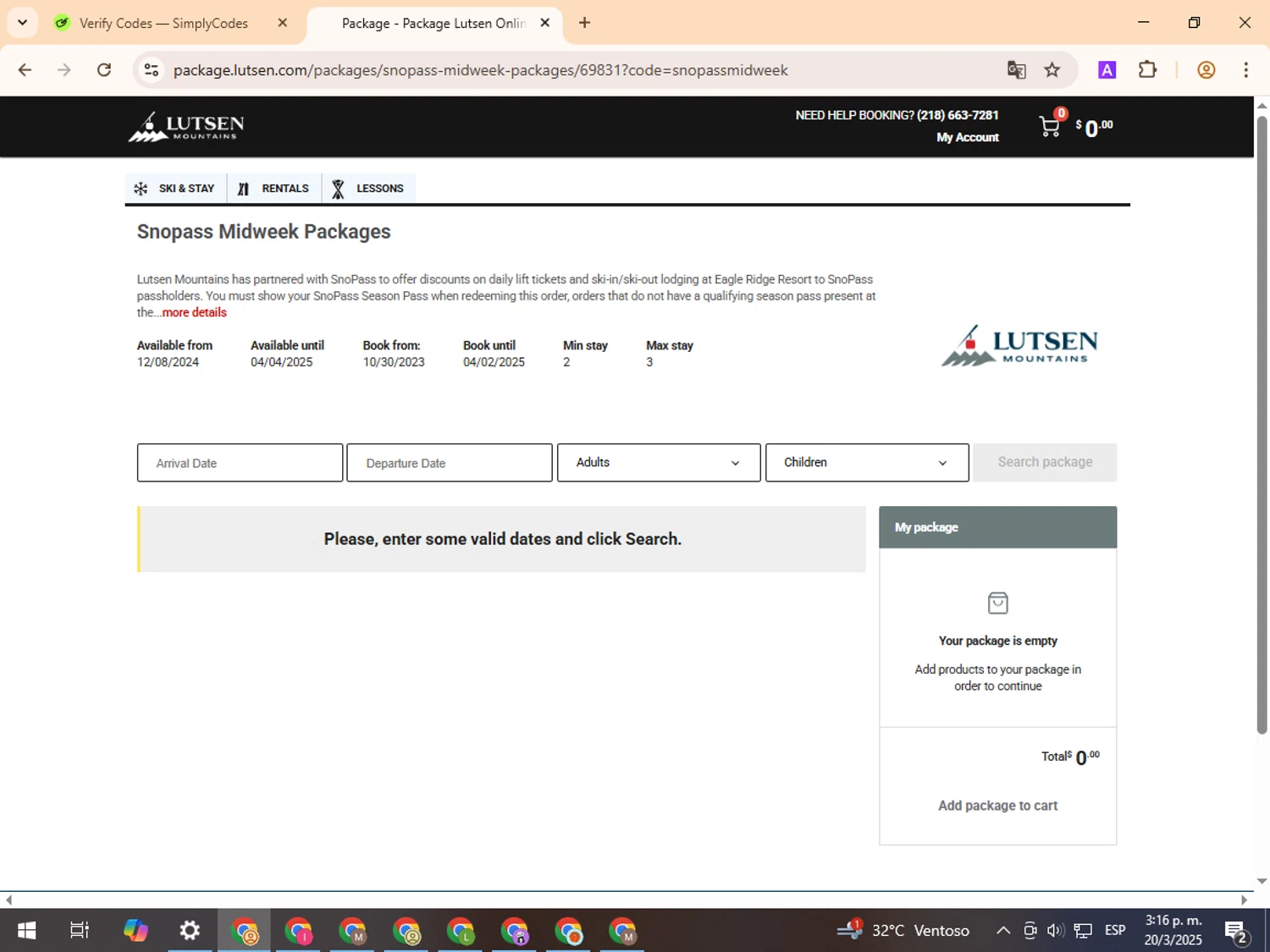 Lutsen Mountains promo code screenshot showing code snopassmidweek applied at Lutsen Mountains checkout page. Uploaded by SimplyCodes community member TreasurePro466 on Mar 20, 2025