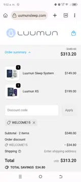 WELCOME15 coupon verification screenshot