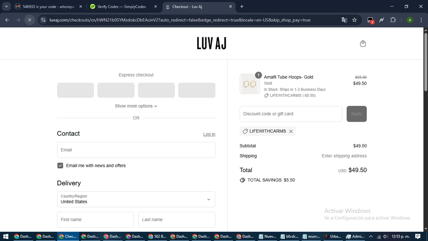 Luv Aj discount code screenshot showing code LIFEWITHCARMS applied at Luv Aj checkout page. Uploaded by SimplyCodes community member CashLynx5338 on Aug 20, 2025