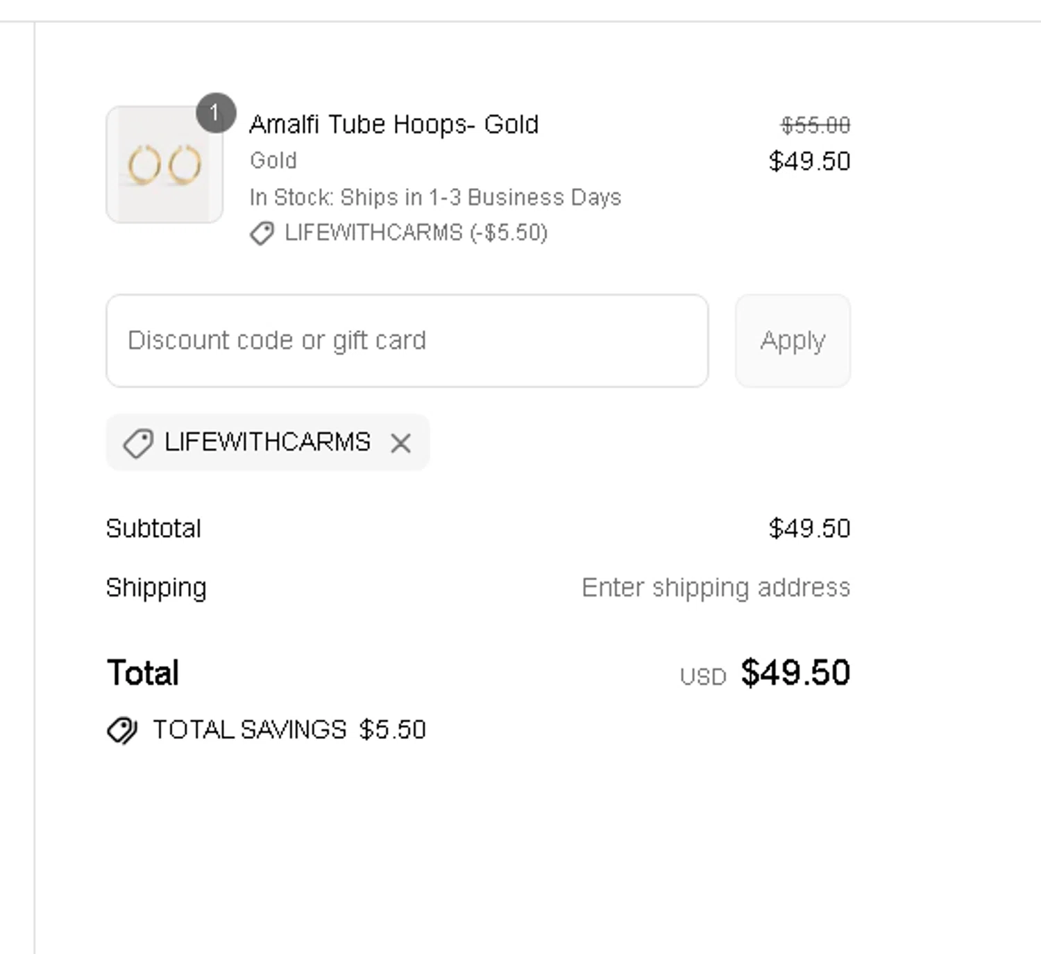 Luv Aj discount code screenshot showing code LIFEWITHCARMS applied at Luv Aj checkout page. Uploaded by SimplyCodes community member goldhooh on Sep 6, 2025