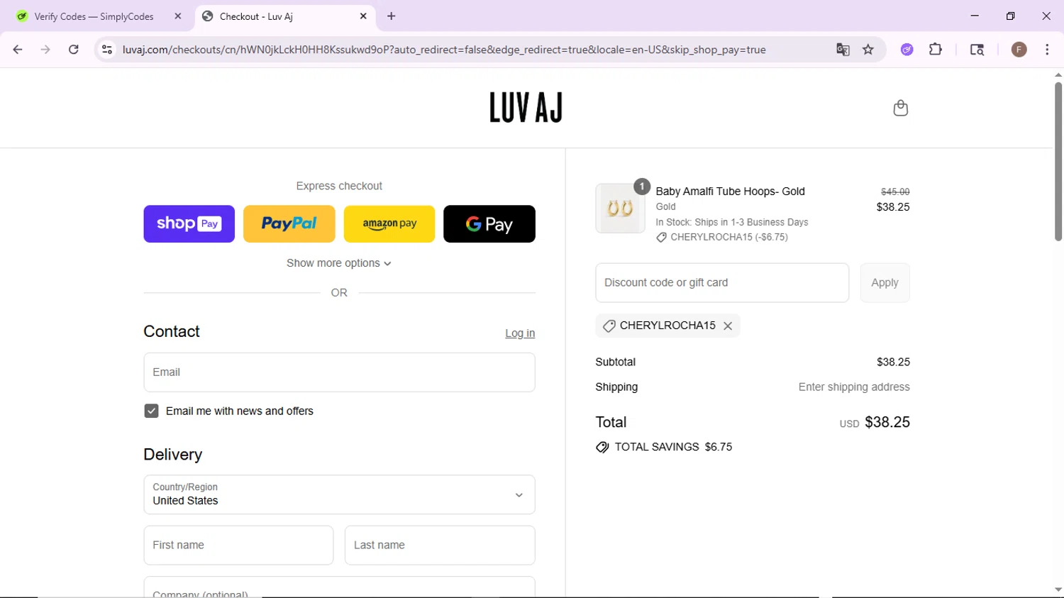 Luv Aj discount code screenshot showing code Cherylrocha15 applied at Luv Aj checkout page. Uploaded by SimplyCodes community member CashLion2660 on Jul 17, 2025