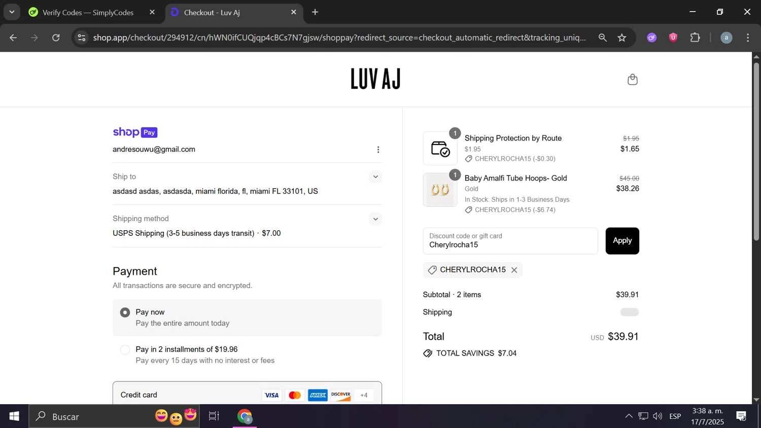 Luv Aj discount code screenshot showing code Cherylrocha15 applied at Luv Aj checkout page. Uploaded by SimplyCodes community member Frizk_1 on Jul 17, 2025