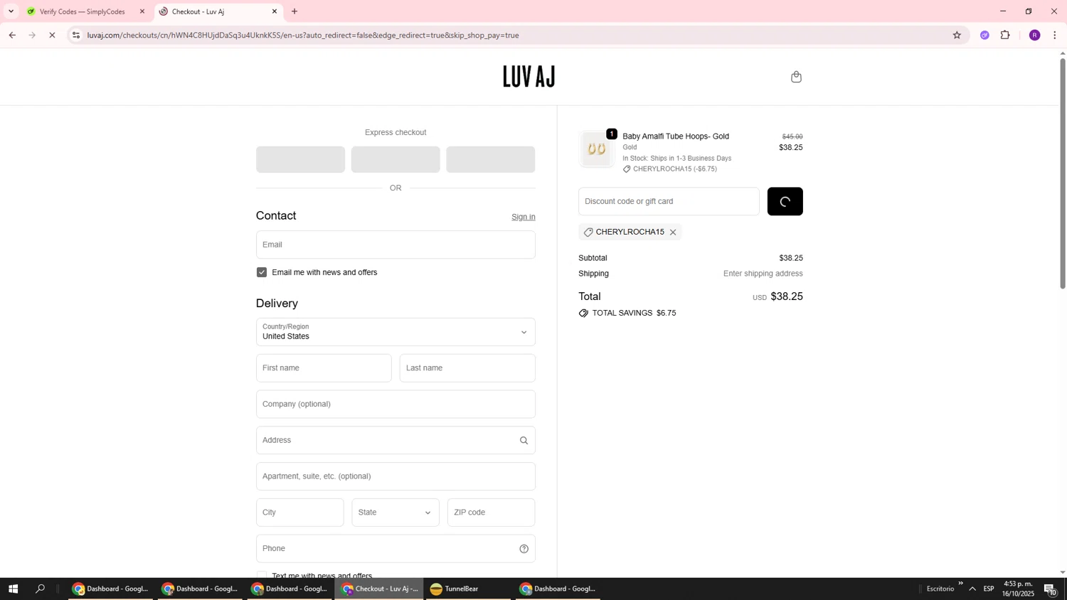 Luv Aj discount code screenshot showing code Cherylrocha15 applied at Luv Aj checkout page. Uploaded by SimplyCodes community member ukemochi on Oct 16, 2025