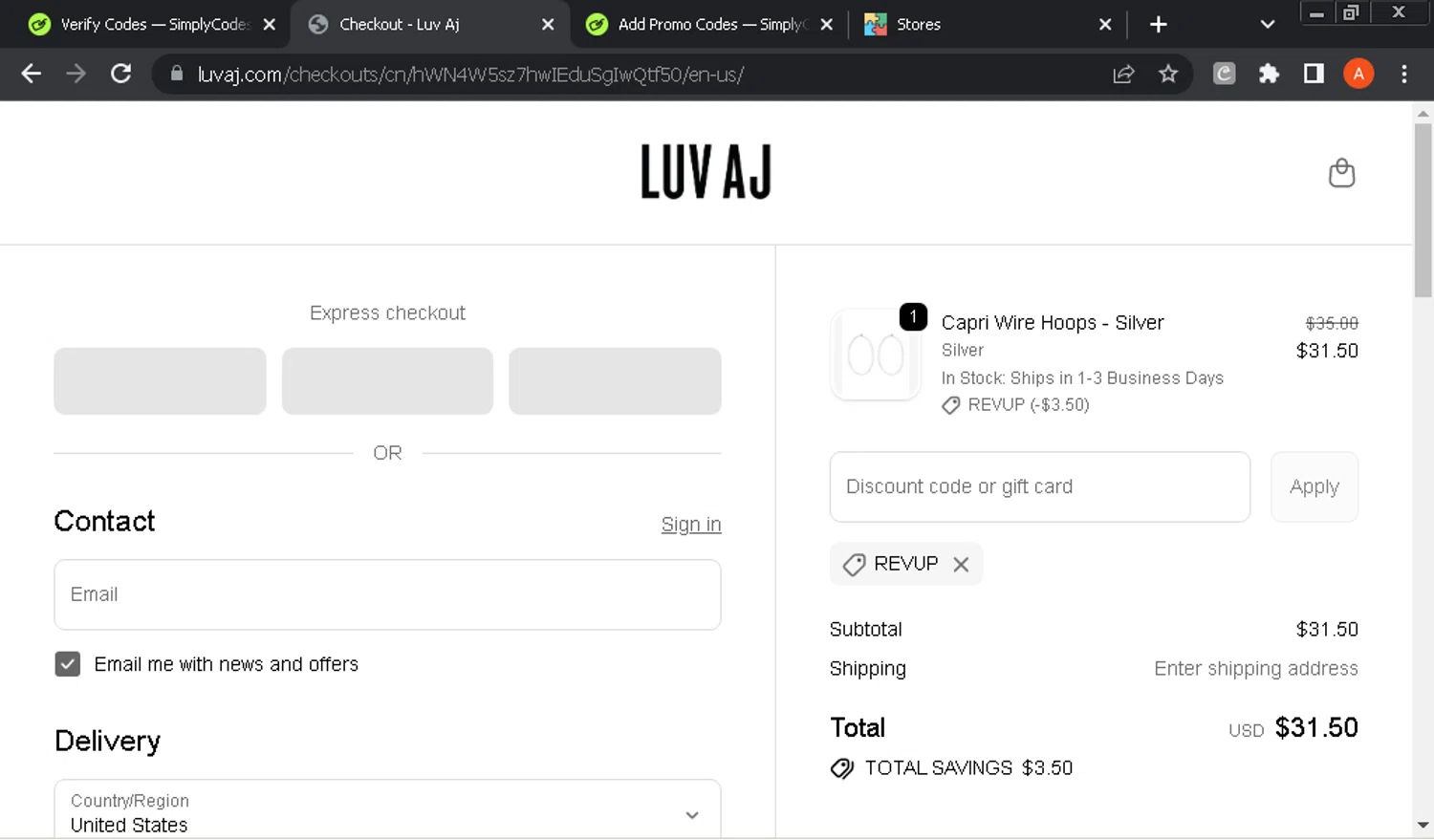 Luv Aj discount code screenshot showing code REVUP applied at Luv Aj checkout page. Uploaded by SimplyCodes community member GloriousOwl8819 on Oct 25, 2025