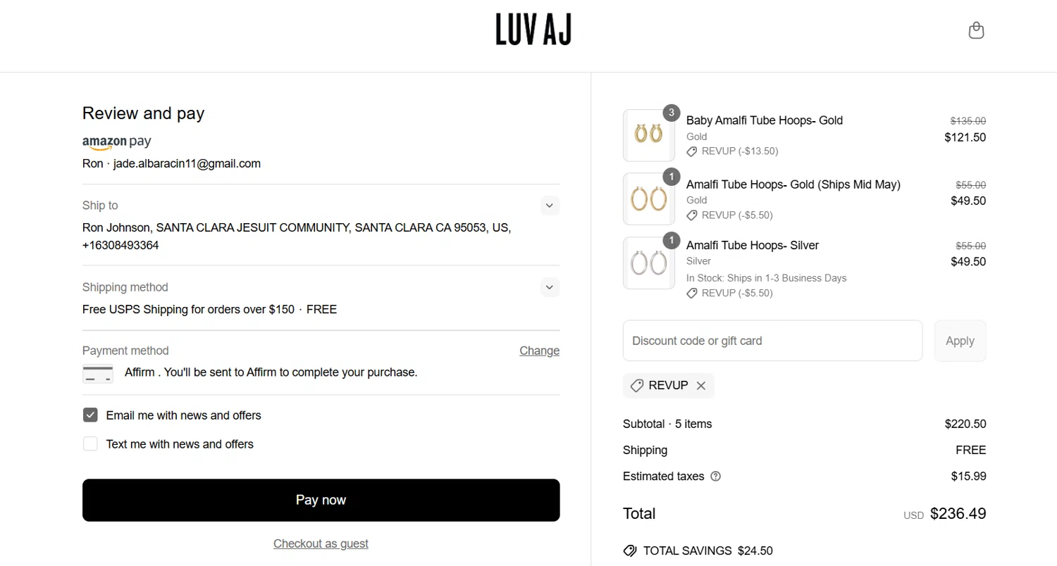 Luv Aj discount code screenshot showing code REVUP applied at Luv Aj checkout page. Uploaded by SimplyCodes community member jade5416625024720 on Apr 30, 2025