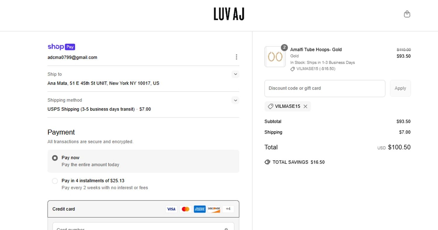 Luv Aj discount code screenshot showing code VILMASE15 applied at Luv Aj checkout page. Uploaded by SimplyCodes community member peachee on Mar 27, 2025