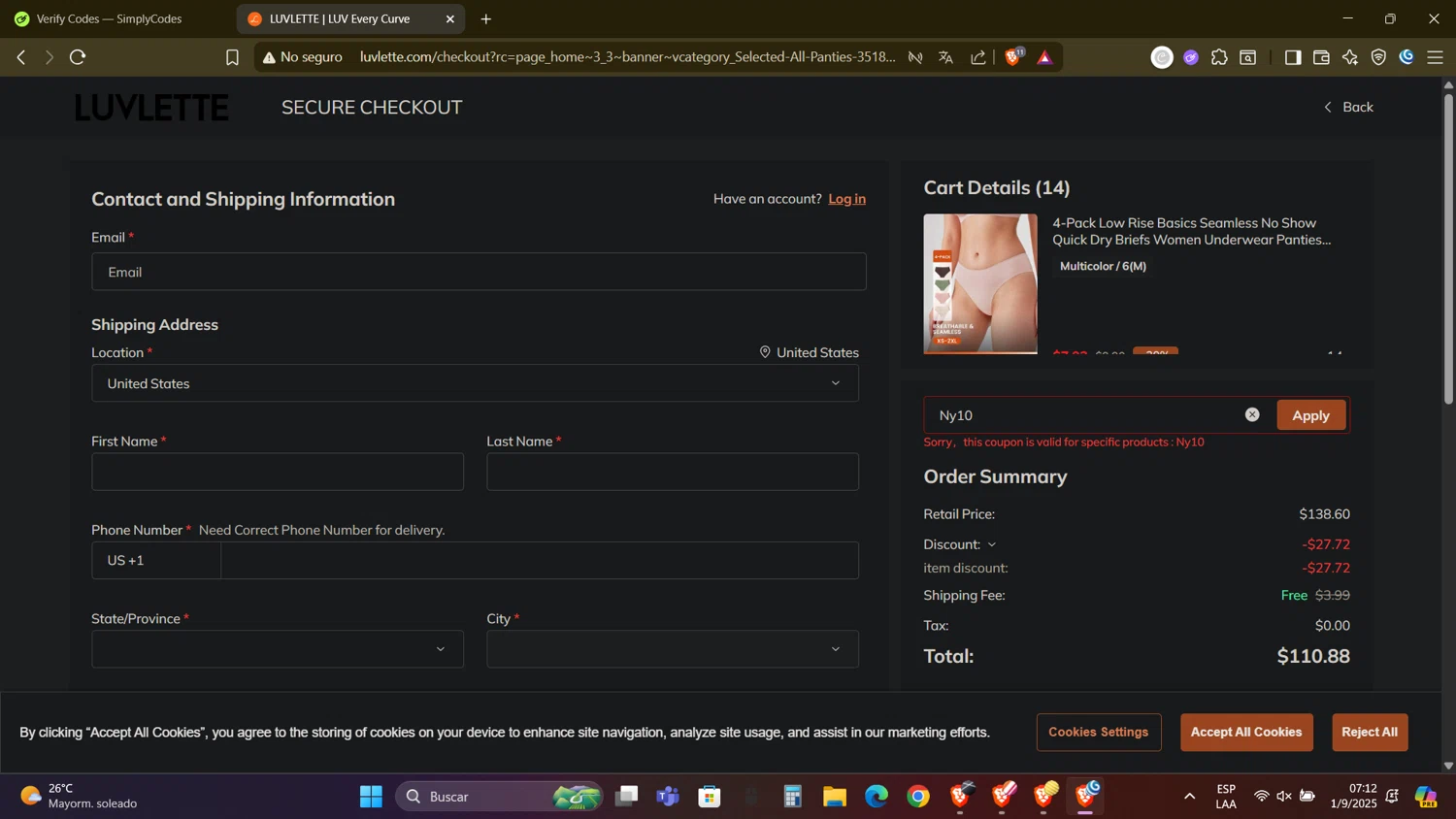 Luvlette promo code screenshot showing code Ny10 applied at Luvlette checkout page. Uploaded by SimplyCodes community member DealAdmiral5466 on Sep 1, 2025