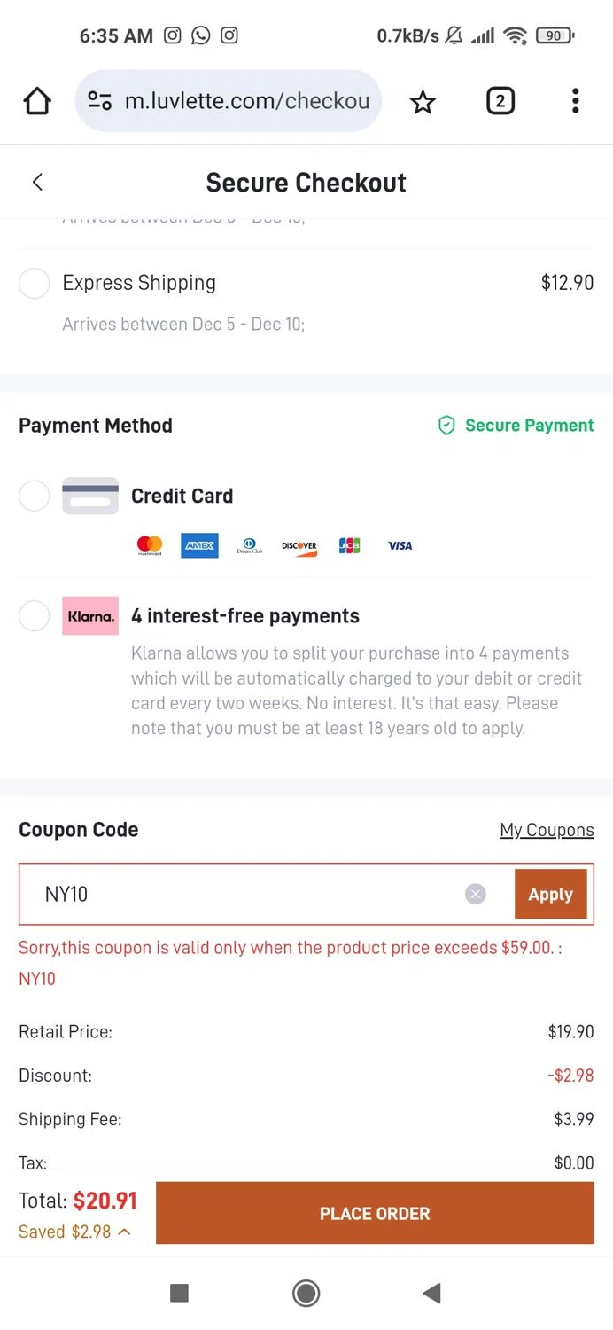 Luvlette promo code screenshot showing code Ny10 applied at Luvlette checkout page. Uploaded by SimplyCodes community member Piolin on Nov 30, 2025
