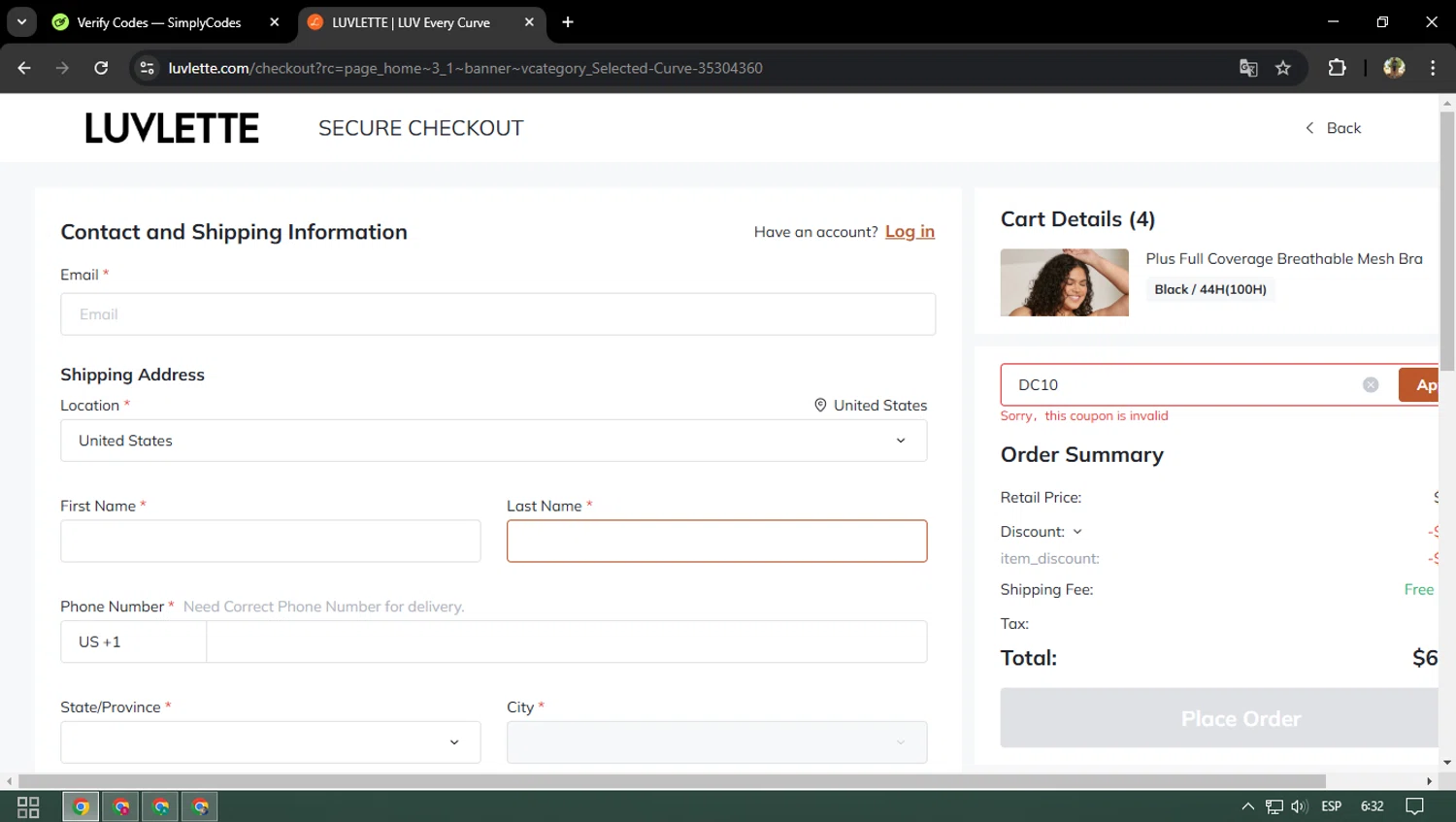 Luvlette promo code screenshot showing code DC10 applied at Luvlette checkout page. Uploaded by SimplyCodes community member ELVERDEDESAMP on Feb 28, 2025