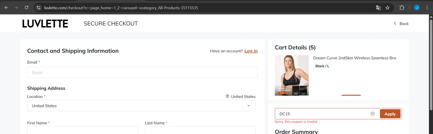 Luvlette promo code screenshot showing code DC15 applied at Luvlette checkout page. Uploaded by SimplyCodes community member Jeanjc on Apr 8, 2025