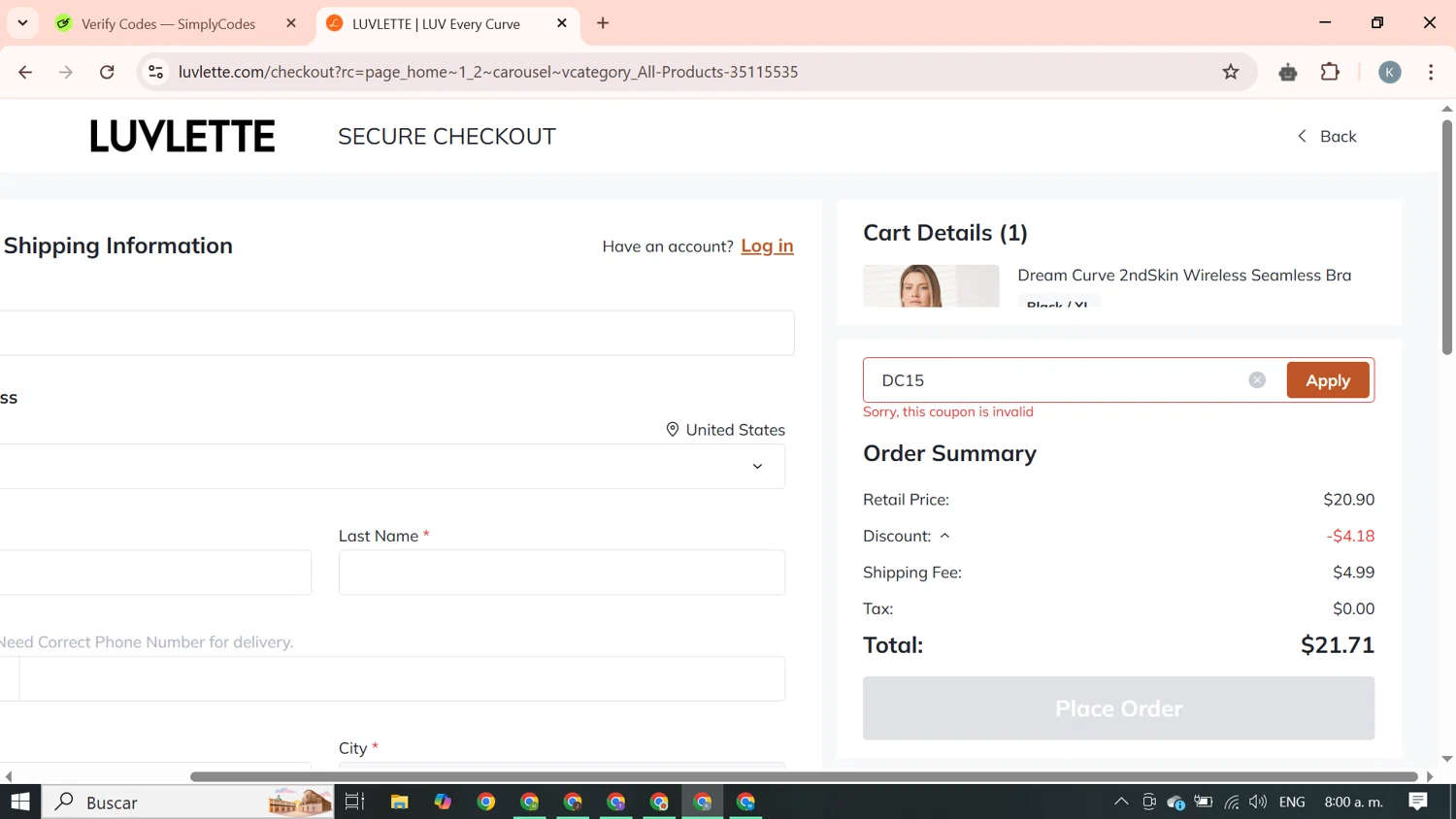 Luvlette promo code screenshot showing code DC15 applied at Luvlette checkout page. Uploaded by SimplyCodes community member SavingsBoss9912 on Apr 8, 2025