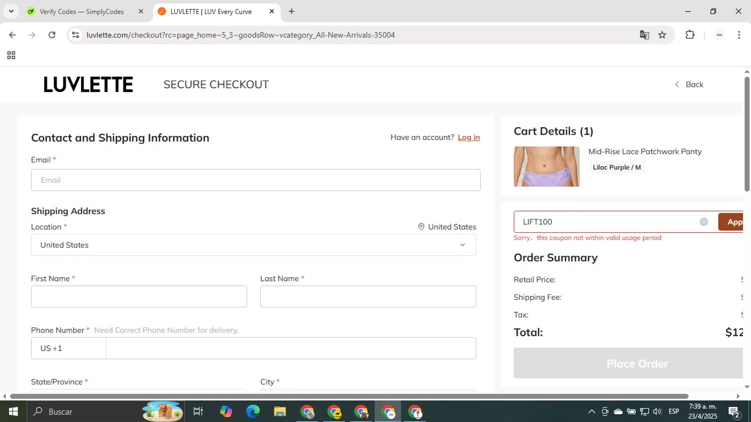 Luvlette promo code screenshot showing code LIFT100 applied at Luvlette checkout page. Uploaded by SimplyCodes community member EpicTracker1394 on Apr 23, 2025