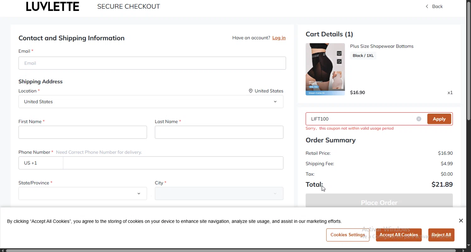 Luvlette promo code screenshot showing code LIFT100 applied at Luvlette checkout page. Uploaded by SimplyCodes community member Rayyyyyy on Apr 23, 2025