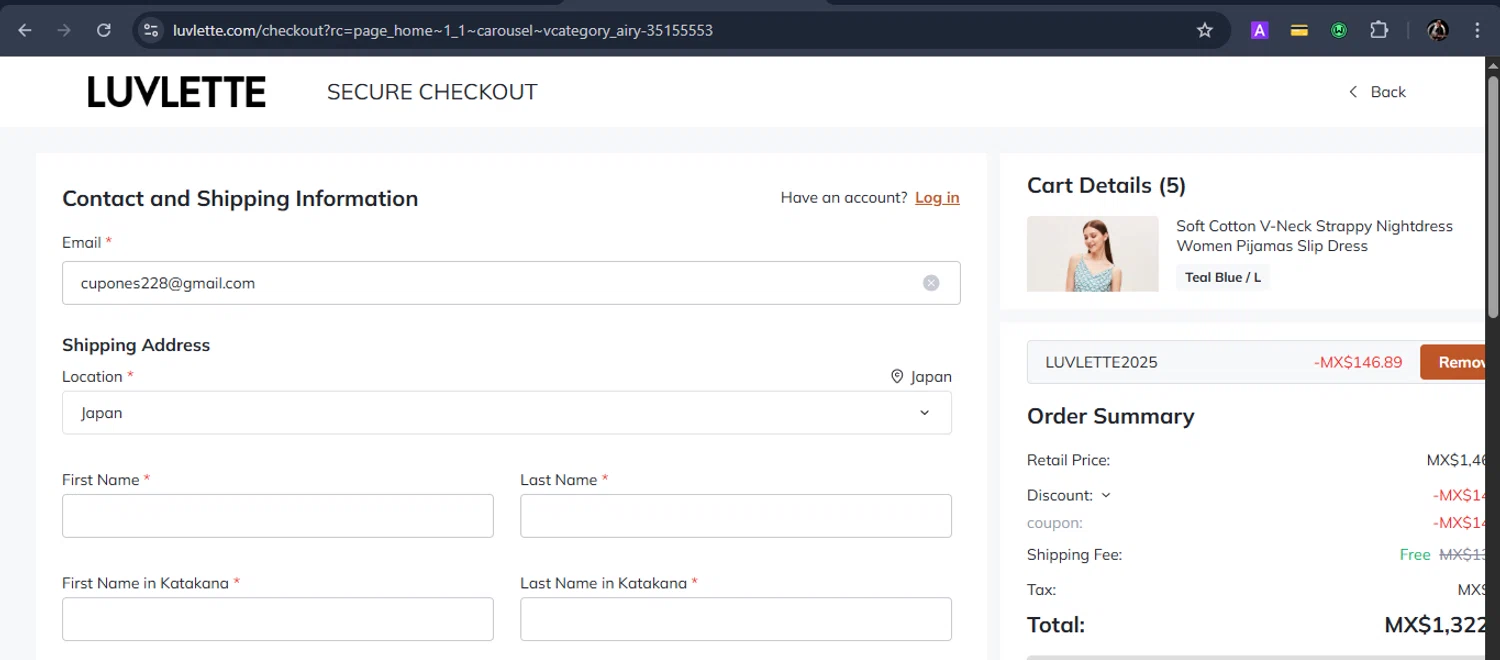 Luvlette promo code screenshot showing code LUVLETTE2025 applied at Luvlette checkout page. Uploaded by SimplyCodes community member Eduard on May 11, 2025